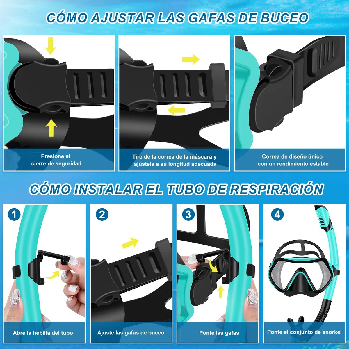 IEEILULU Set de Snorkel para Adulto, Esnórquel Settauch Set con Gafas de Buceo, Tubo de Respiración Semiseco y Aletas Ajustables, Snorkel Set para Adulto Aventura Submarina