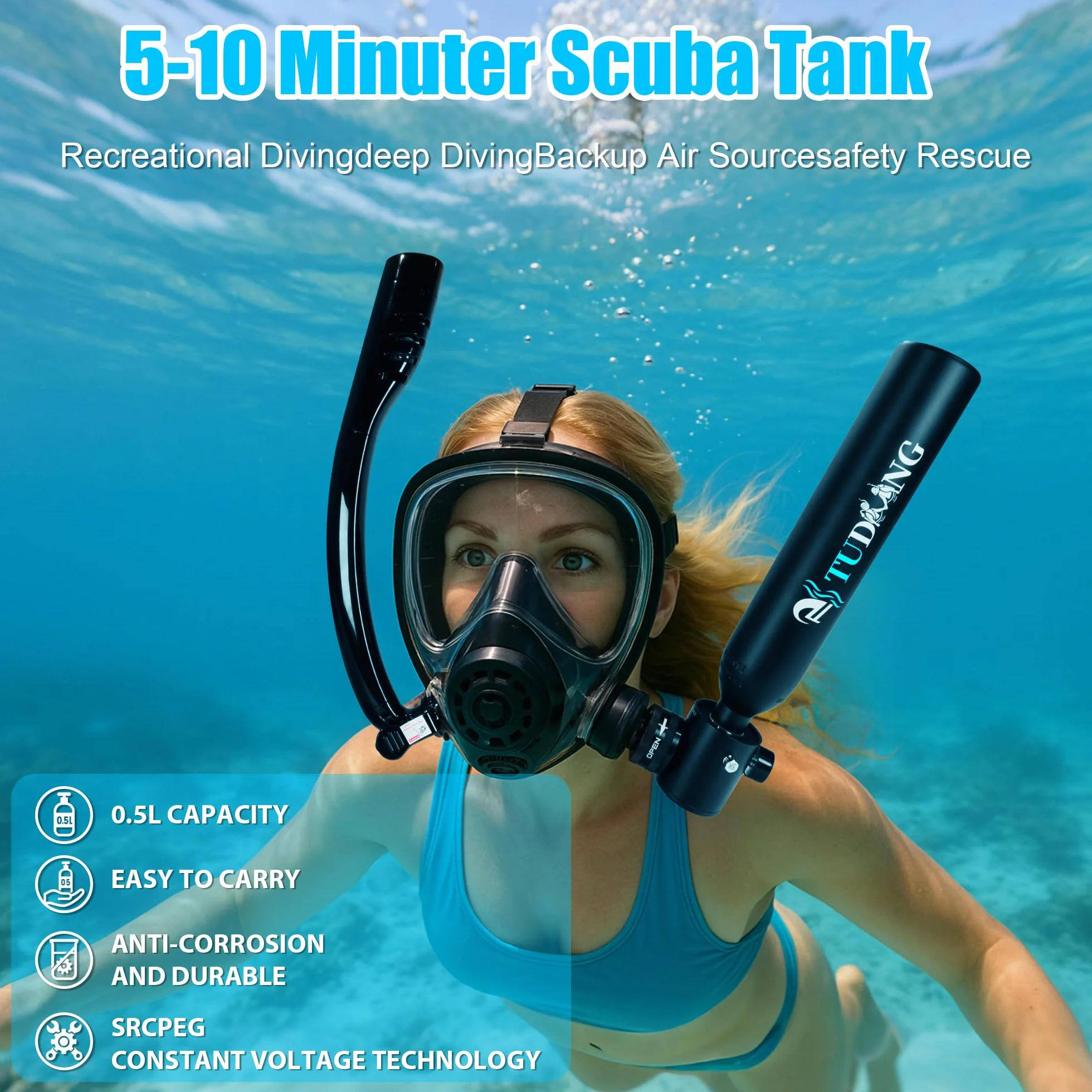 Tanque de Buceo TUDIVING de 0.5L, Tanque de pulmón con compresor, Mini Cilindro de oxígeno con máscara Facial Completa para Trabajo subacuático(Green S200Plus A3+Air Compressor)
