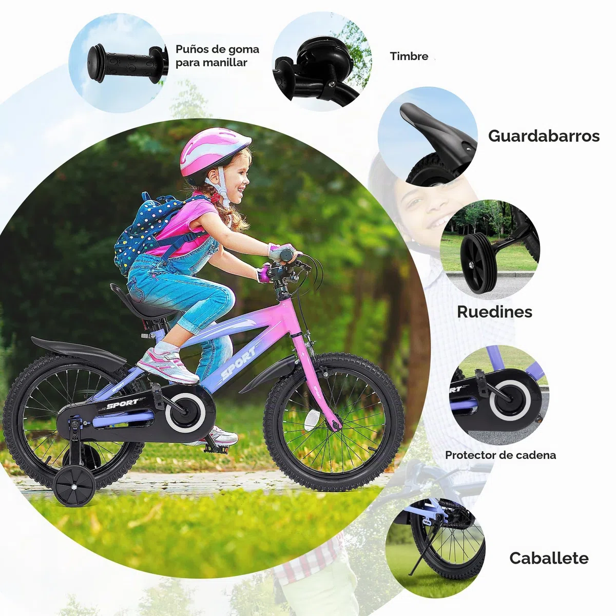BODIOO Bicicleta infantil de 16 pulgadas para niños y niñas con asiento ajustable, ruedas estabilizadoras, freno de mano, freno de contrapedal y marco estable para ciclistas de 104 a 117 cm (morado