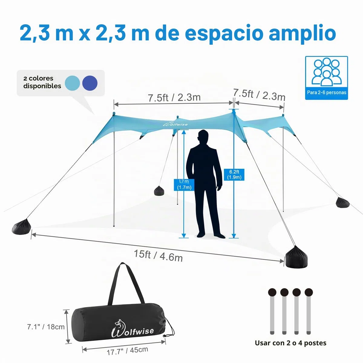 WolfWise UPF50+ Carpa de Playa con protección Solar, sombrilla para 2-6 Personas, fácil configuración, Resistente al Viento y Agua, toldo de Playa Azul
