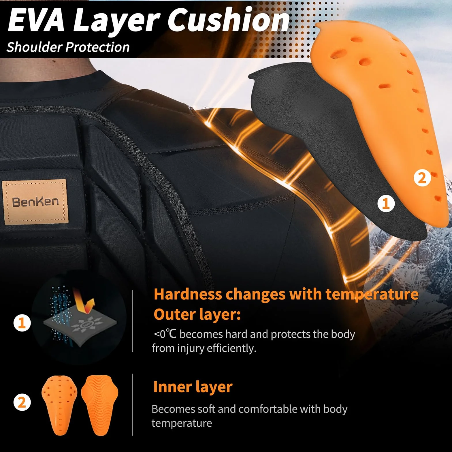 BenKen Body de esquí de manga larga con forro, pecho, hombros y espalda, chaqueta ajustable, para mujeres y hombres, parte superior acolchada