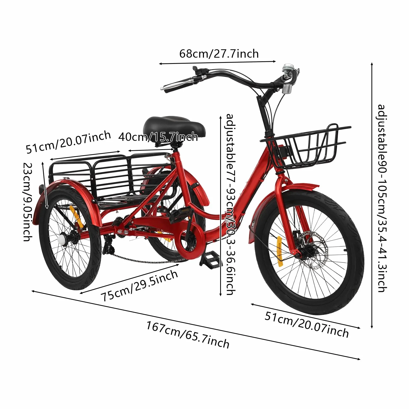 Triciclo plegable de 20 pulgadas para adultos, 7 velocidades, plegable, con cesta de la compra, altura ajustable de tres ruedas para adultos y personas mayores para ocio, color rojo