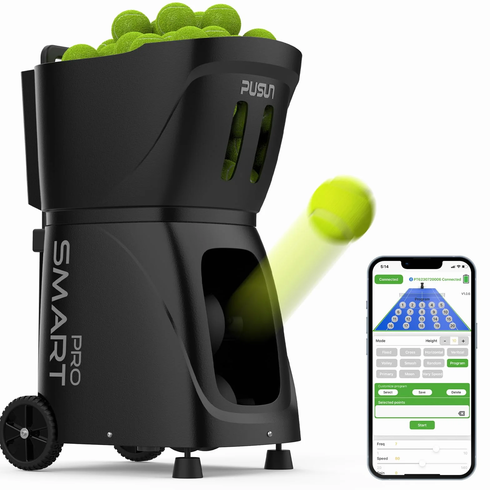 Genérico PT-Smart Pro-Máquina Lanzadora de Pelotas de Tenis, Control App, Efecto Topspin Profesional, 20 Puntos Programables, 100+ Pelotas, Batería 4-6h