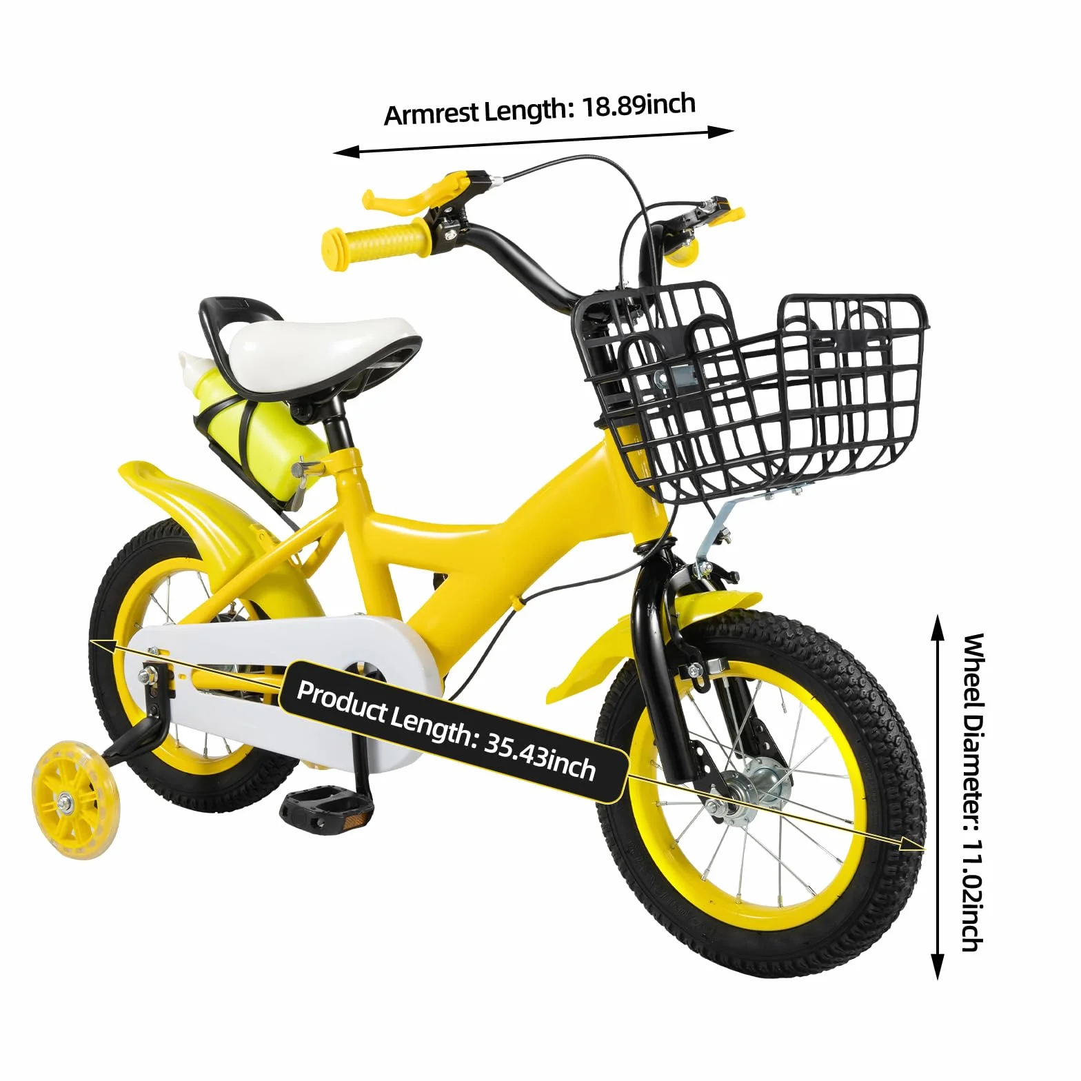 Bicicleta infantil de 12 pulgadas con ruedas estabilizadoras, bicicleta amarilla para niños y niñas a partir de 3 – 6 años, altura regulable, doble freno, marco de acero, con cesta y portaequipajes