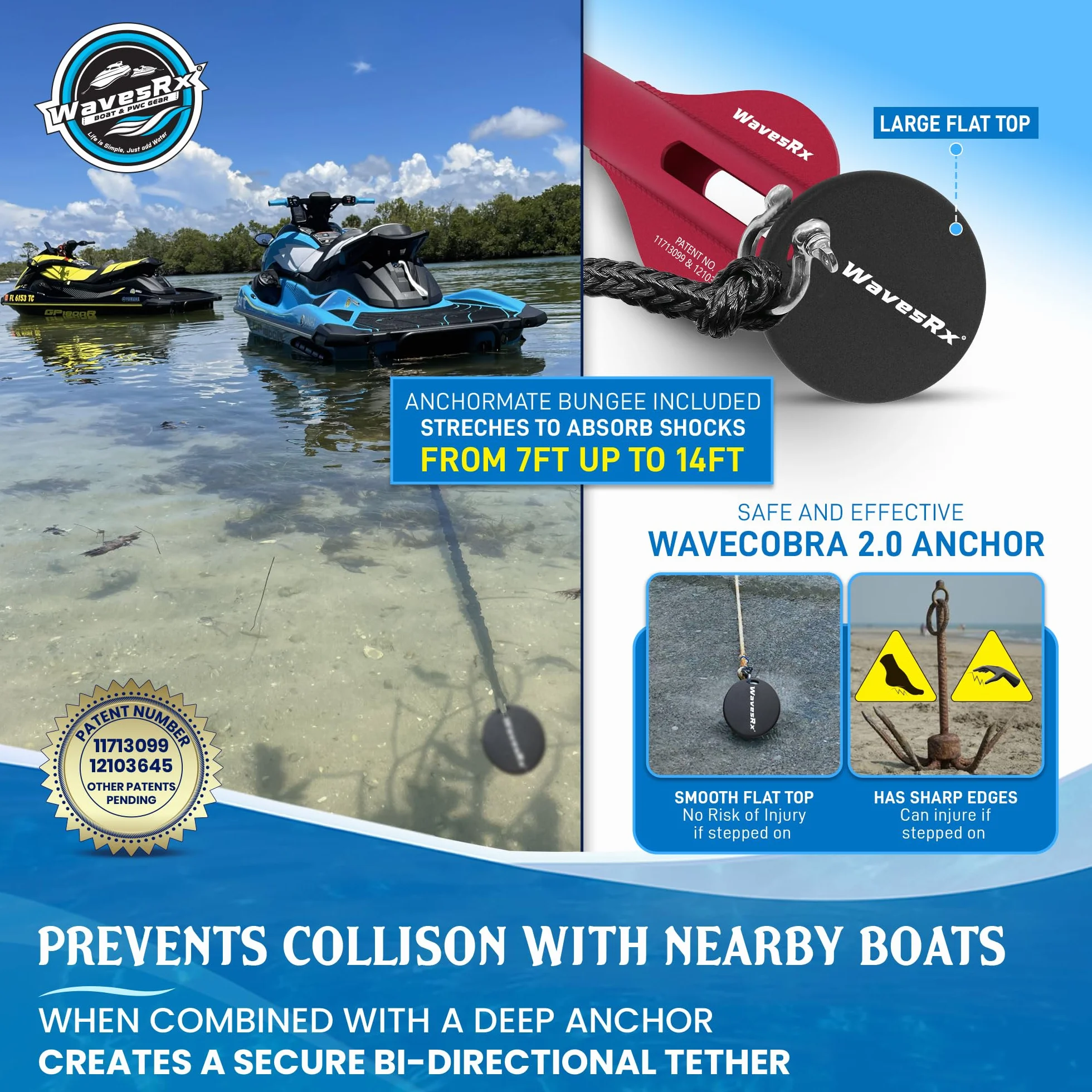 WAVESRX Ancla de Playa con púas de Aluminio patentada Ancla ultraligana para Motos acuáticas, Motos de Agua y Arena, Ideal para un fondeo Seguro de embarcaciones, pontones y Kayaks