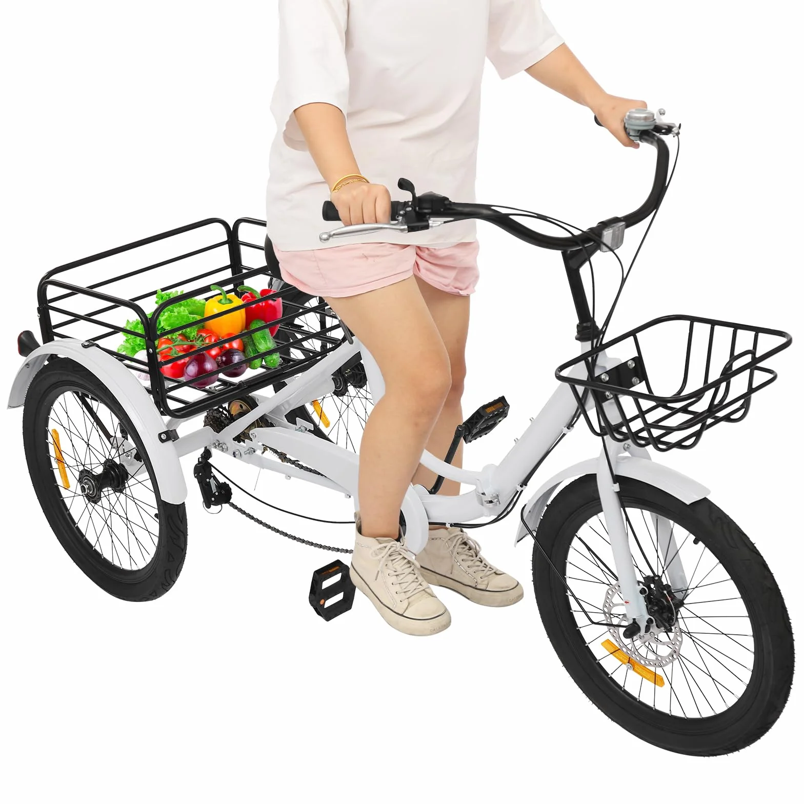 Triciclo plegable de 20 pulgadas para adultos, 7 velocidades con cesta de compras, cerradura, freno de disco delantero, freno de tambor trasero, bicicleta de 3 ruedas