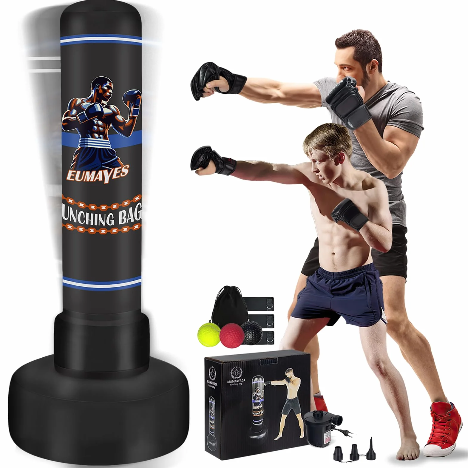 Saco de Boxeo con Soporte Adulto, 180cm Saco de Boxeo de Pie con Bomba de Aire eléctrica, Inflable Kickboxing Bolsa Independiente para Entrenamiento Taekwondo Muay Thai Principiantes