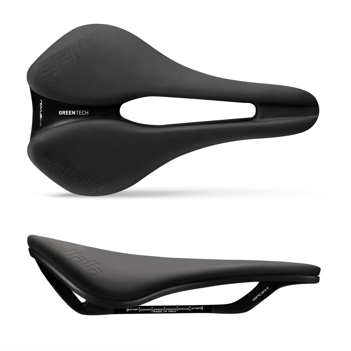 Selle Italia Novus Boost EVO Sport Greentech – Sillín de Ciclismo Ecológico de Gel con Agujero Superflow y Rail de Acero al Carbono – Talla L3, Negro