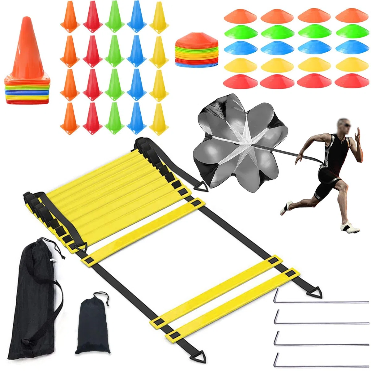 Set de Entrenamiento de Fútbol,Agility Speed Ladder,Escalera de Agilidad(6m-12Peldaños),20Cono Deportivo,20Conos Entrenamiento,1Paracaídas de Resistencia,4 Clavos Metálicos y Bolsa