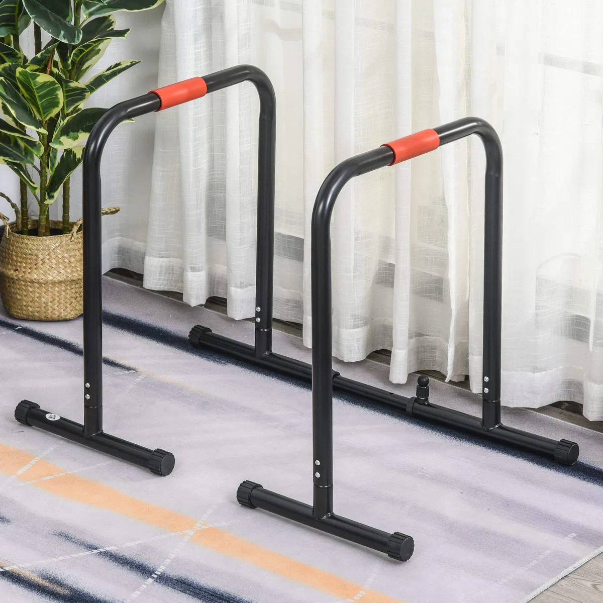 HOMCOM Barras Paralelas Ancho Ajustable Dip Station para Calistenia y Entrenamiento Gimnasio con Asas Antideslizantes de Acero 94-102x62x73 cm Negro