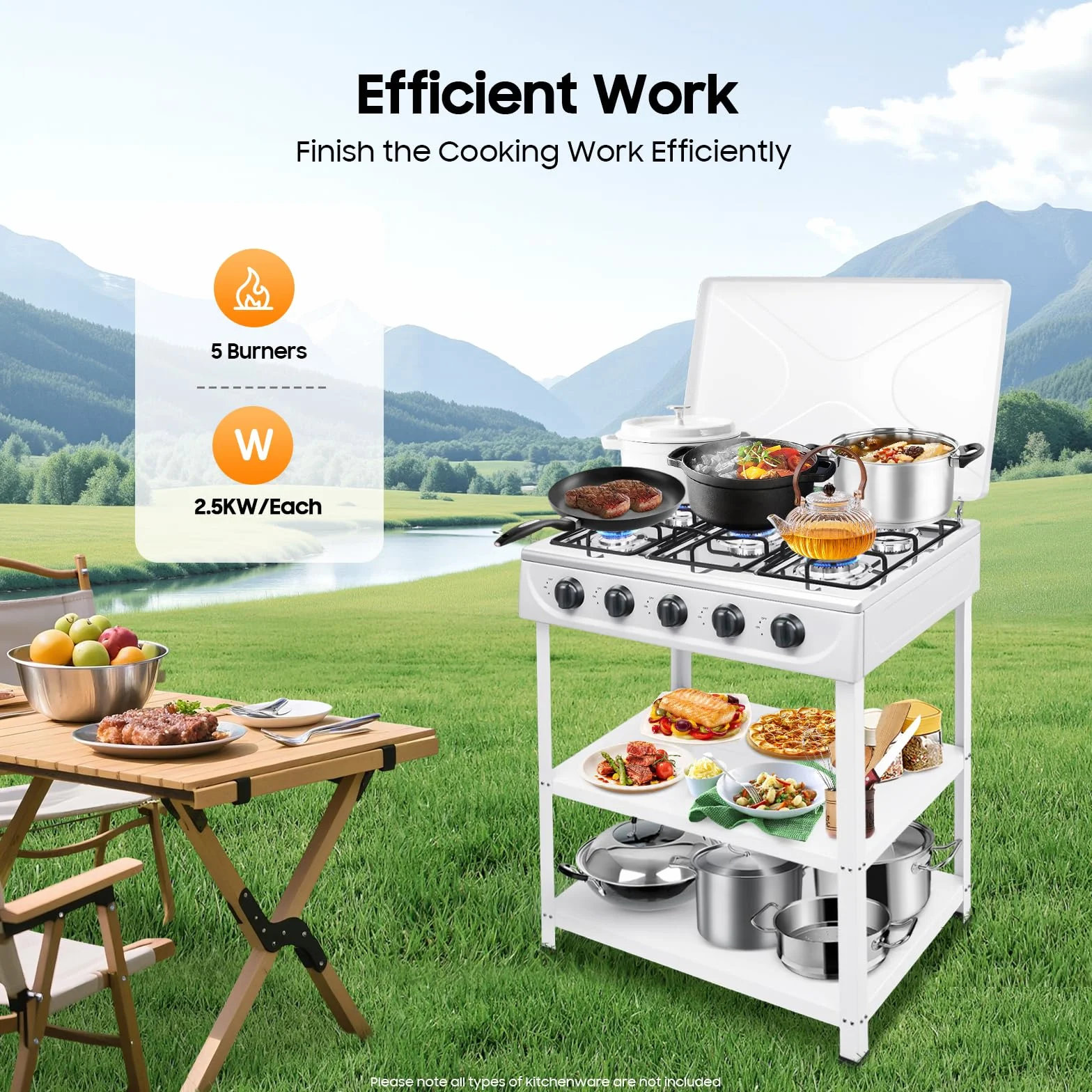 Hornillo de camping de 5 quemadores de 2,5 kW con tapa y 2 estantes, encendido manual, cocina de gas natural independiente para camping, autocaravana, exterior, viajes, pesca