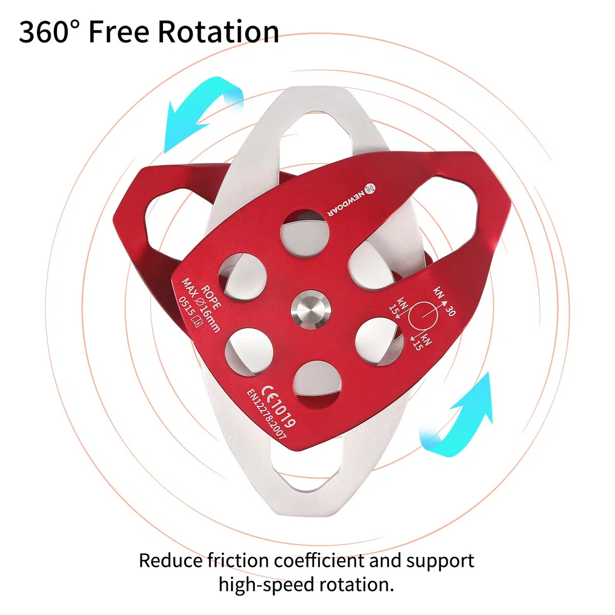 NewDoar Polea de rescate grande con certificado CE de 30 KN, doble polea con placa oscilante para alpinismo al aire libre, rescate de escalada en roca (rojo, 1 unidad)