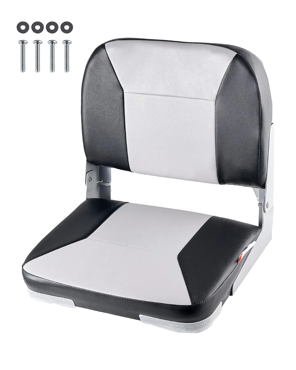 VEVOR Asiento de Barco con Respaldo Bajo Silla de Barco de Pesca Plegable con Cojín de Esponja Espesado y Cuero de PVC Impermeable Asiento de Bote Abatible para Barcos de Pesca, Yates, Negro y Gris