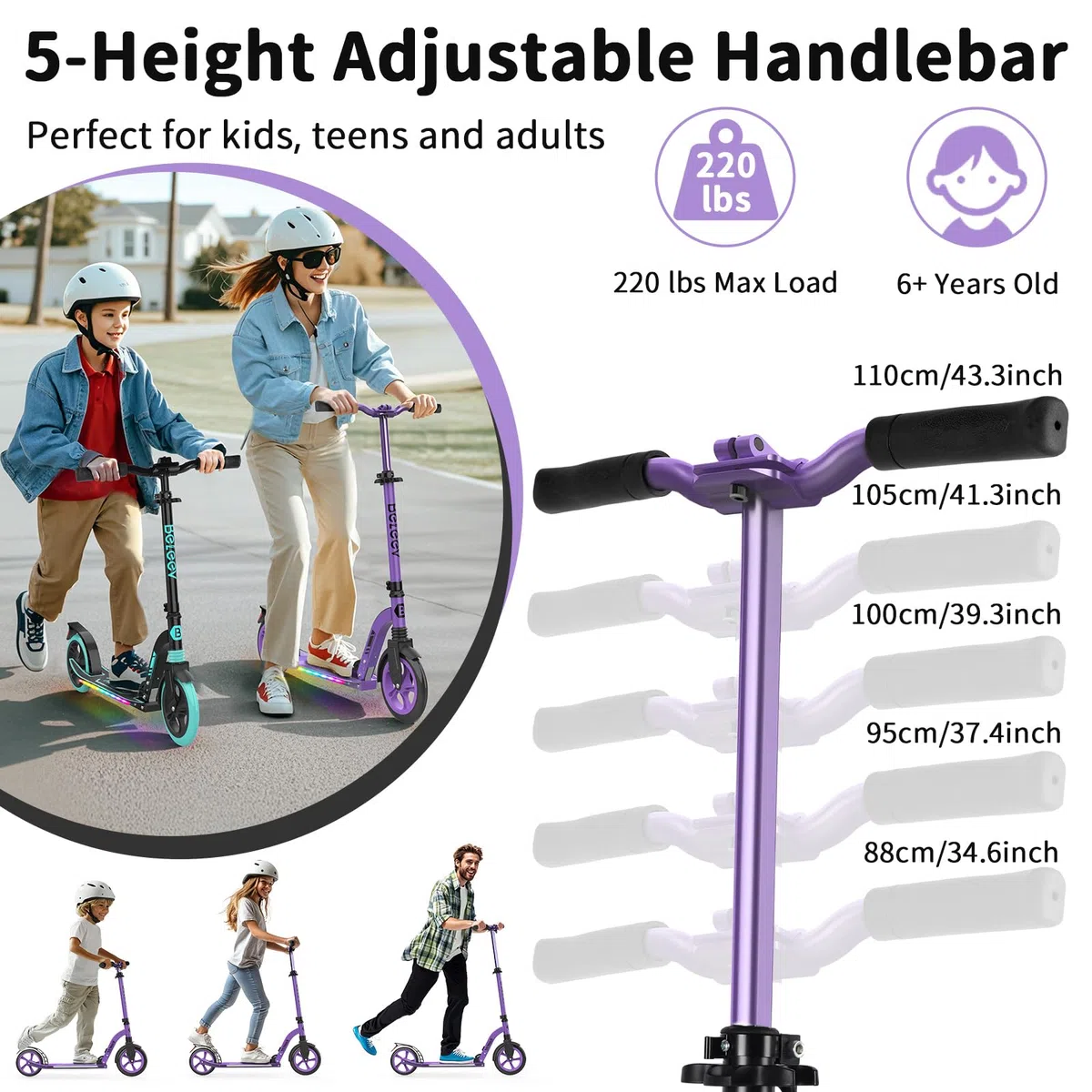 BELEEV Patinete Niño 2 Ruedas con LED Luces Deck,5 Altura Ajustable, Plegable Patinete Big Wheel 230mm Aluminio Scooter Adult con Correa de Transporte, Marco Resistente para 6+ Niño Niña y Adulto