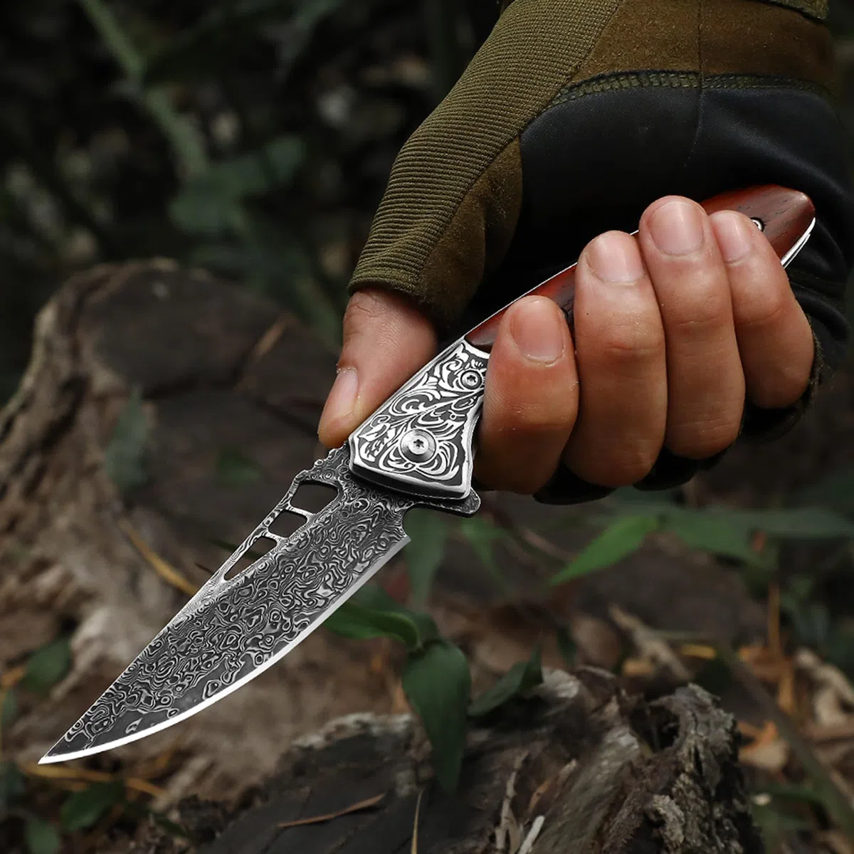 DRACHENADER navaja de bolsillo Damasco mango de madera Slim con funda de cinturón de cuero y clip de bolsillo, de cuchillo plegable de acero de Damasco, mango de madera