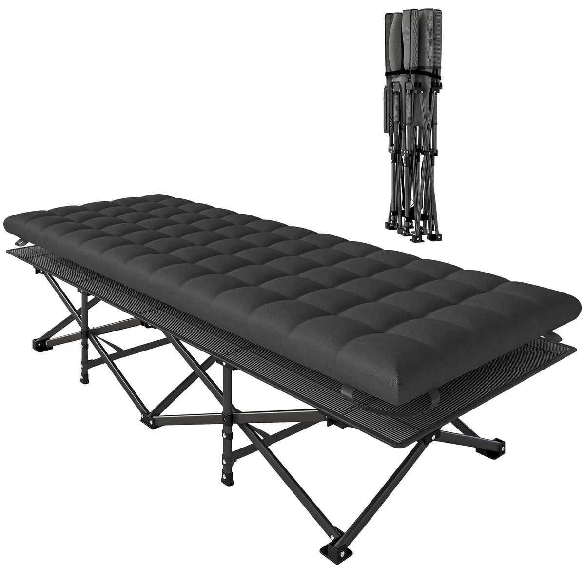 Outsunny Cama Plegable Camping con Colchón Extraíble Cama de Acampada Portátil Extra Ancha 80 cm Tela Oxford 600D con Reposacabezas Bolsa Transporte Bolsillo Carga 200 kg para Playa Senderismo Negro