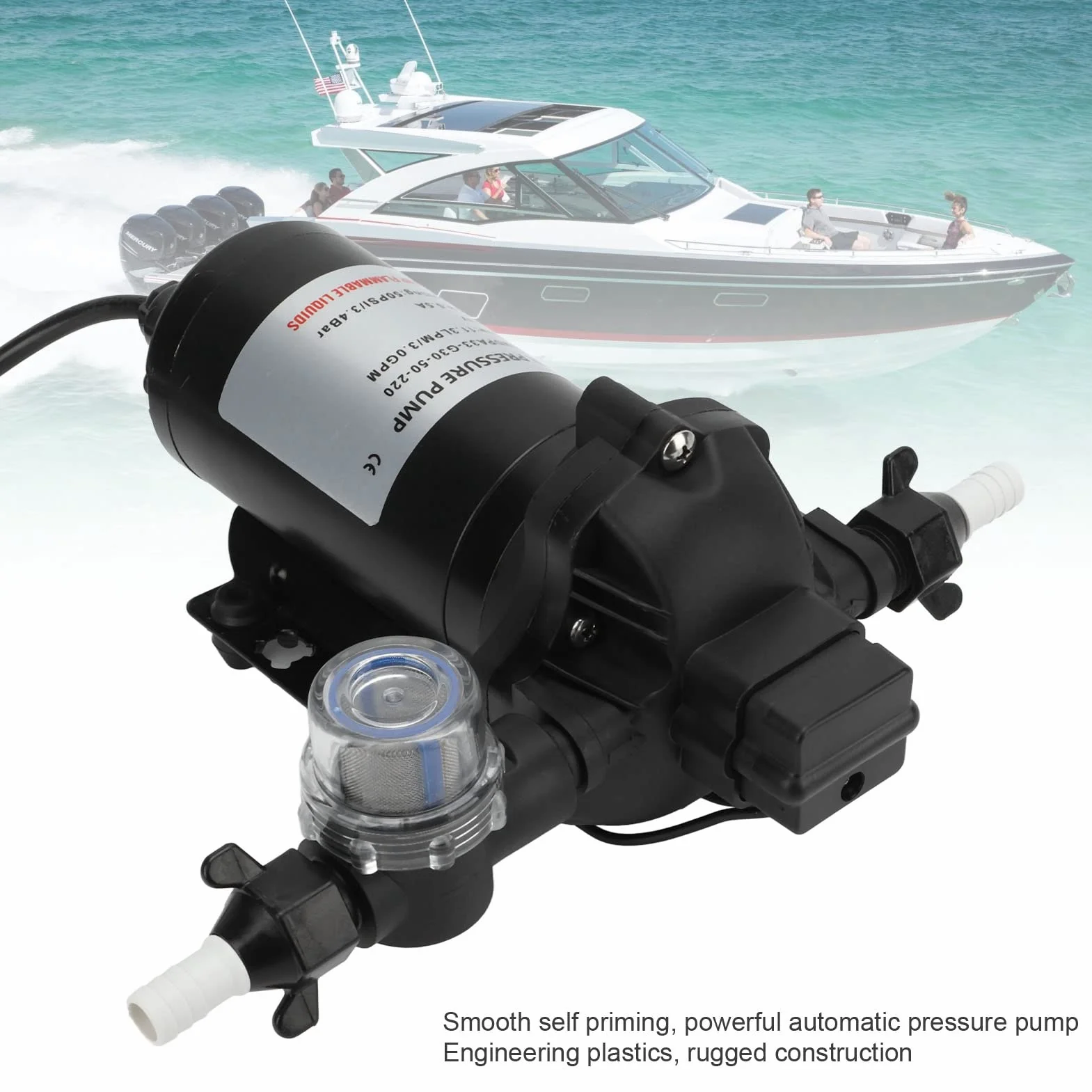 Bomba de Presión de Agua de 220V, 11,3 LPM, 50PSI, Bomba de Diafragma de Presión de Agua Autocebante, Reemplazo para Coche, Caravana, Yate, Barco Marino
