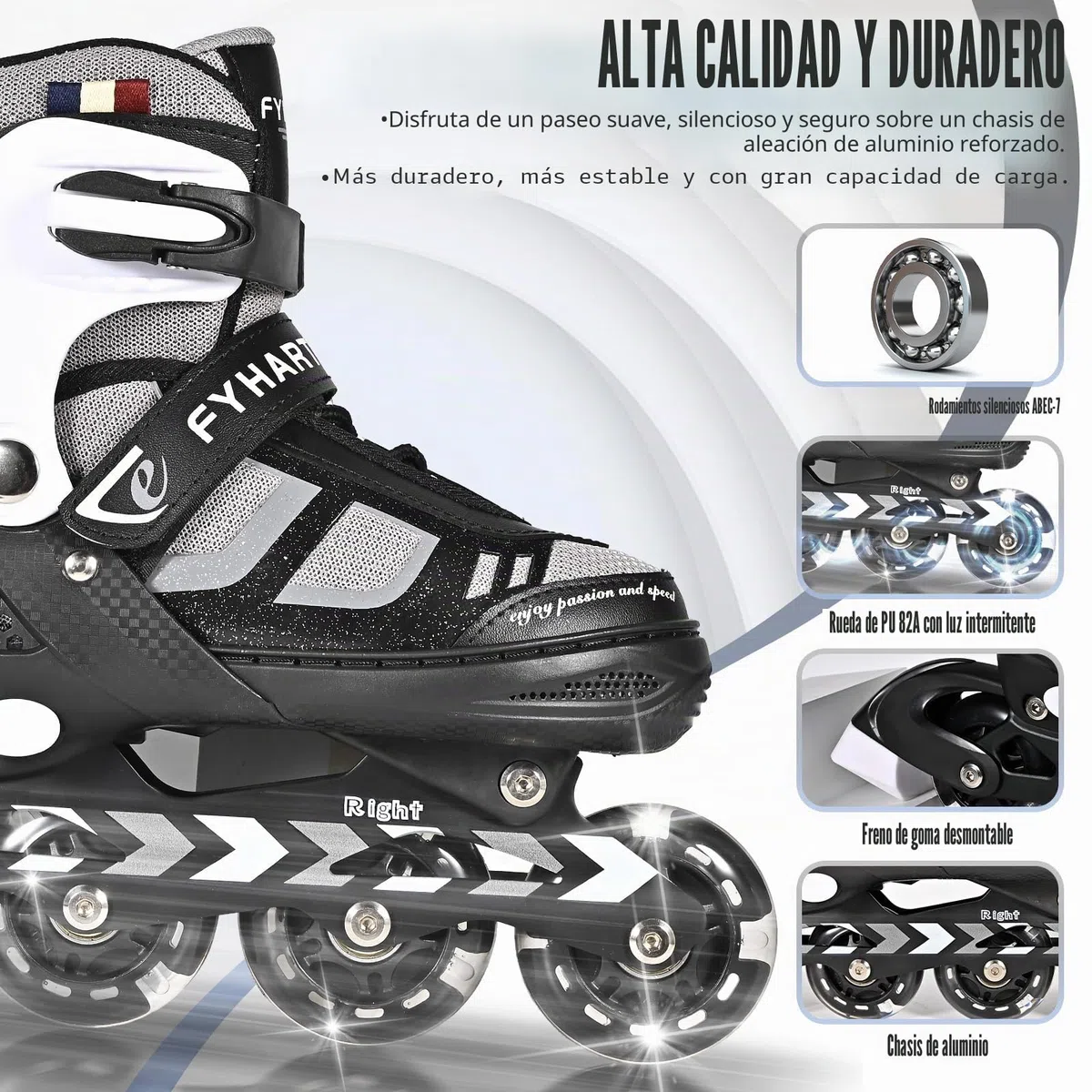Patines en línea Ajustables para niños y niñas, Patines en línea de 4 Ruedas para Adolescentes y Adultos con Ruedas Luminosas para Deporte, Negro y Blanco