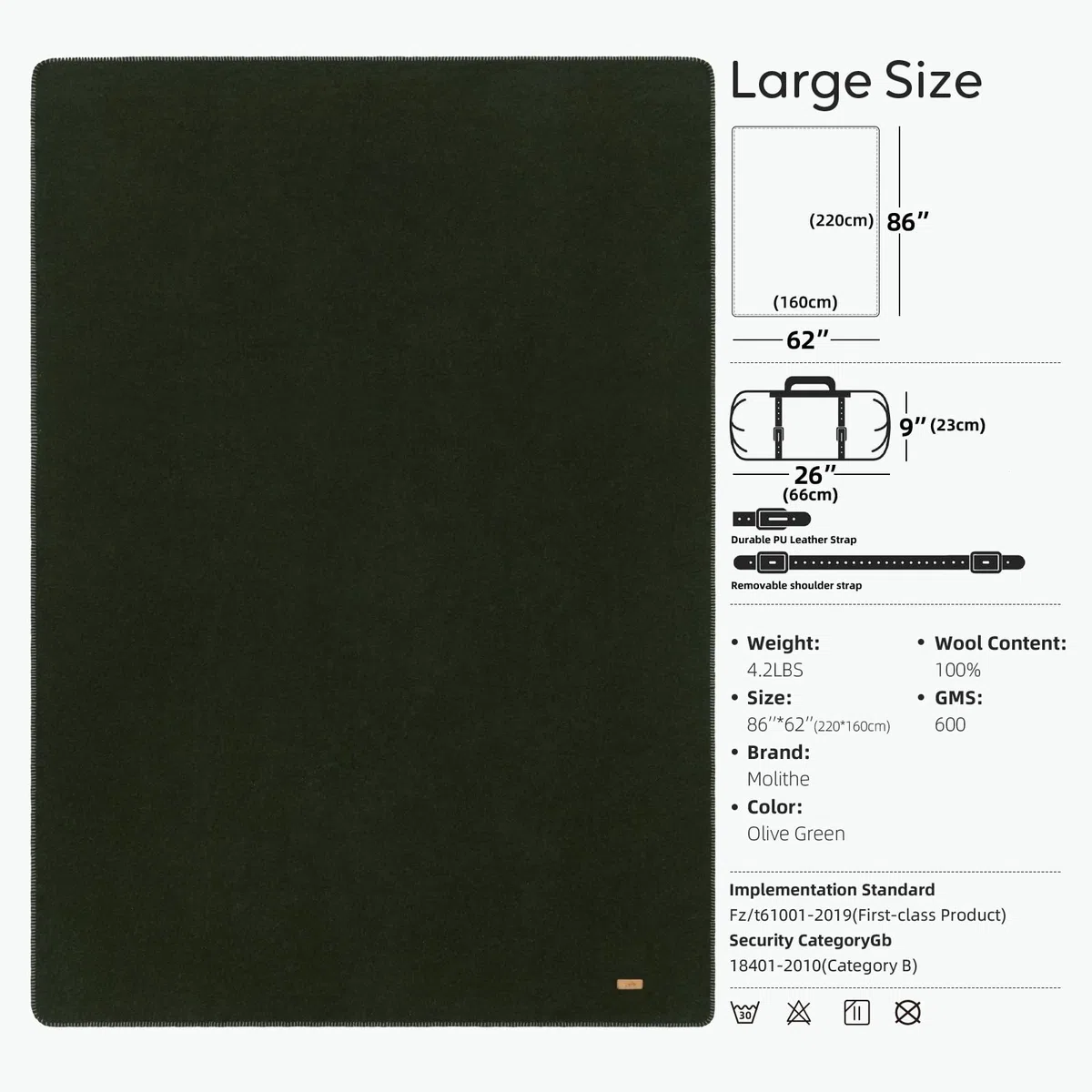 Molithe Manta de Lana 100%, 62 x 86 Pulgadas, cálida, Gruesa, Lavable, Manta de Lana Militar, Ideal para Camping, al Aire Libre, Eventos Deportivos, Kits de Supervivencia