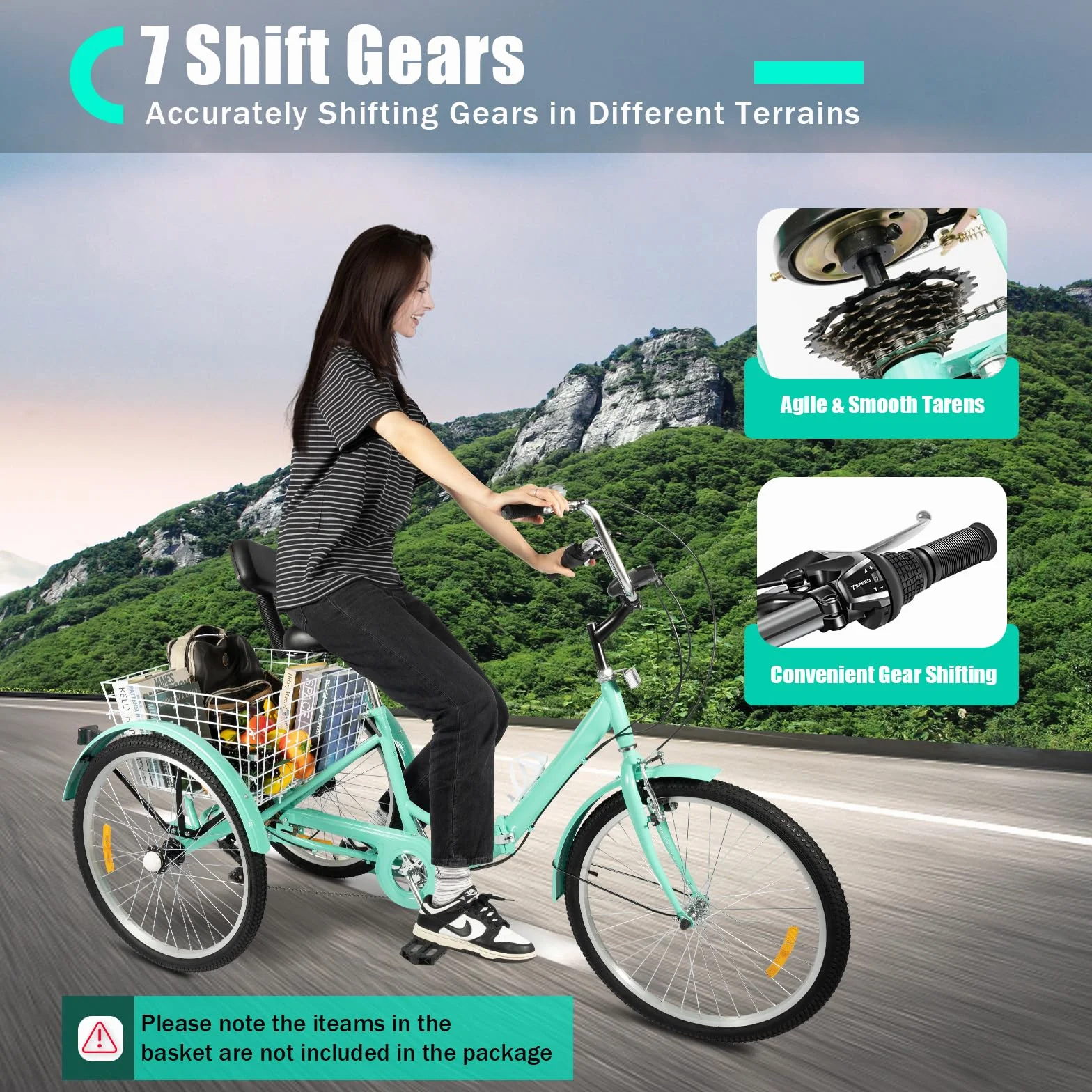 Triciclo de 24 pulgadas de 7 velocidades para adultos, bicicleta de crucero de 3 ruedas, bicicleta de carga, triciclo plegable con portavasos y cesta de verduras, ajustable para adultos