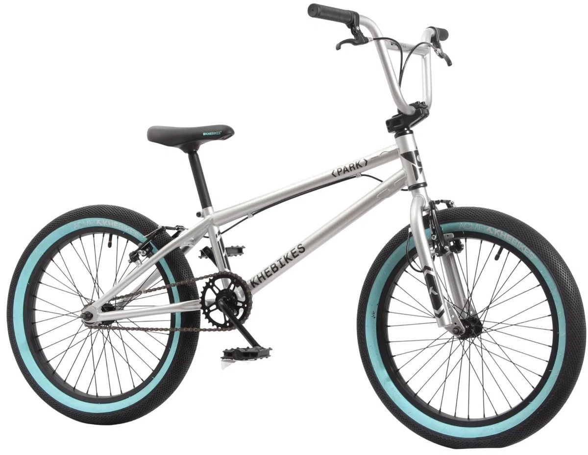 KHE Park Bicicleta BMX de 20 pulgadas – 11,1 kg ligera – Freestyle Bike para principiantes y avanzados – Frenos V – Tubo superior de 19,5 pulgadas – Plata turquesa – Modelo 2025