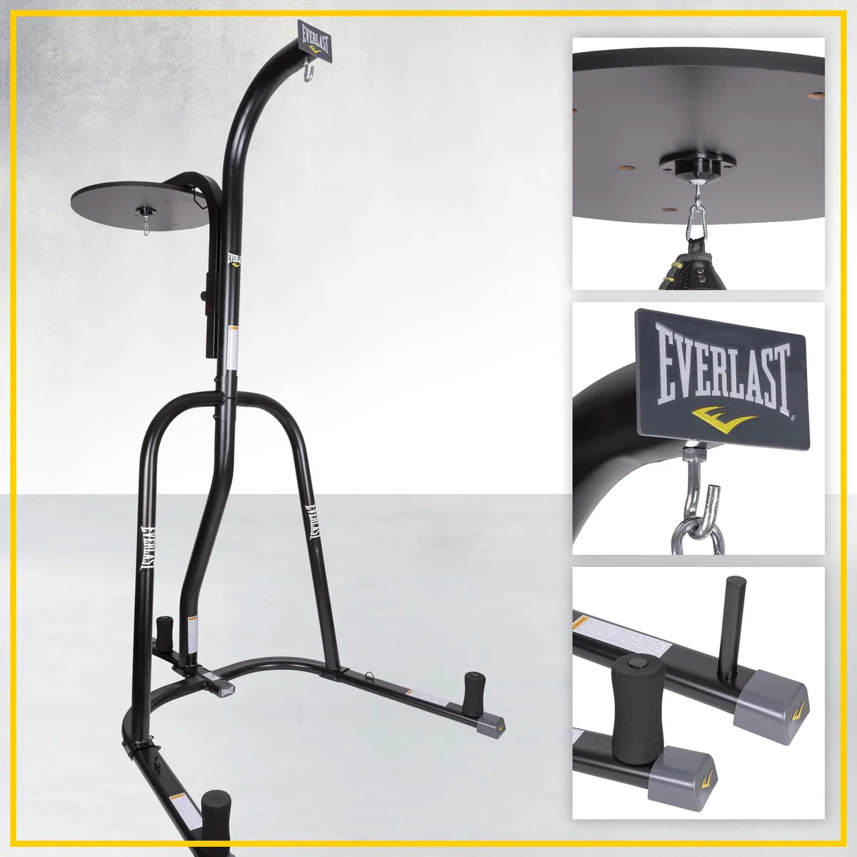 Everlast Saco de boxeo pesado con marco de acero y soporte para bolsa de velocidad con 3 clavijas de placa para kickboxing y entrenamiento de artes marciales mixtas, color negro