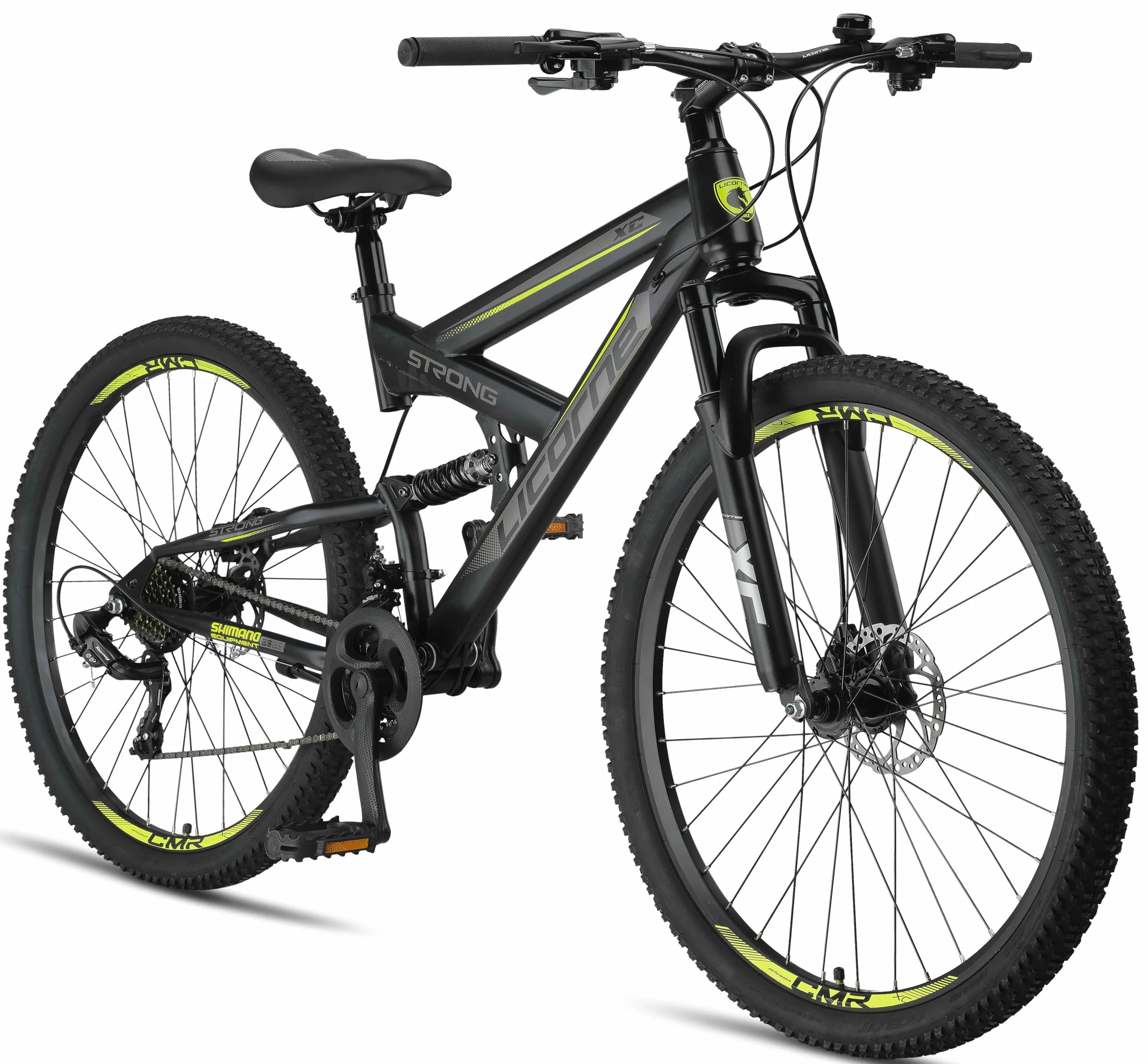 Licorne Bike Bicicleta de montaña Strong 2D, para niños, niñas, mujeres y hombres, freno de disco delantero y trasero, 21 velocidades, suspensión completa, negro/lima, 29 pulgadas, negro, lima