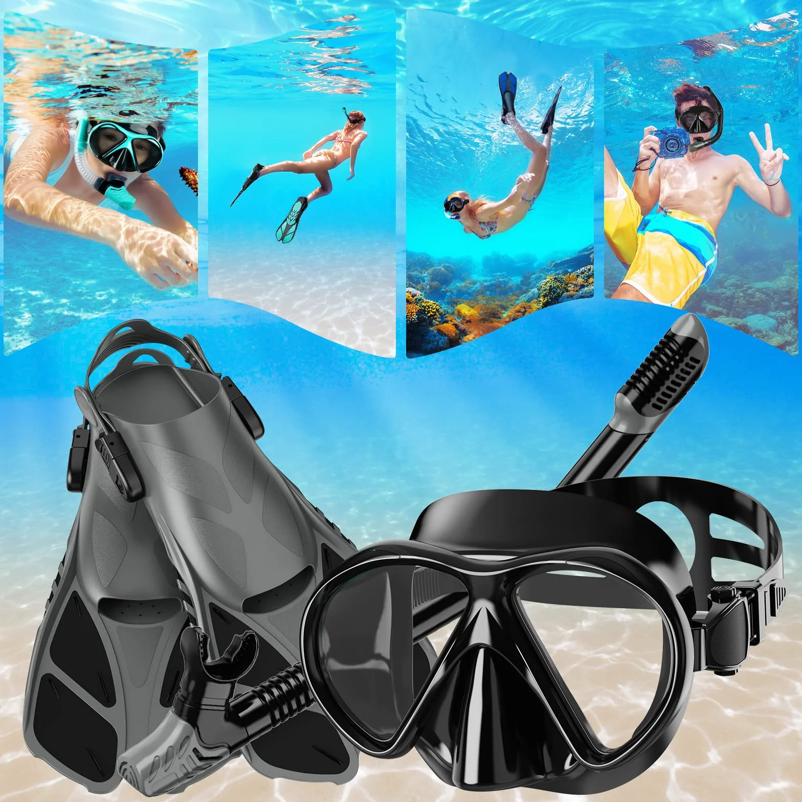 Máscara y Aletas,Esnórquel settauch Set, Snorkel Set,Gafas de Buceo,Funda Aletas, Gafas de Buceo Buceo Swim Mask Snorkel Aletas Snorkel para Adultos y Jóvenes