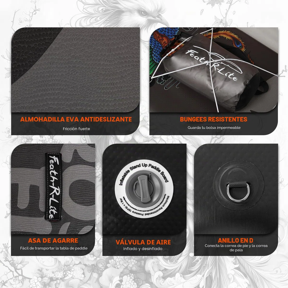 FEATH-R-LITE Tabla de Paddle Surf Inflable Multifuncional con Bomba Manual, Mochila Sup, Correa, Remo Ajustable, para Adultos de Todos los Niveles de Habilidad