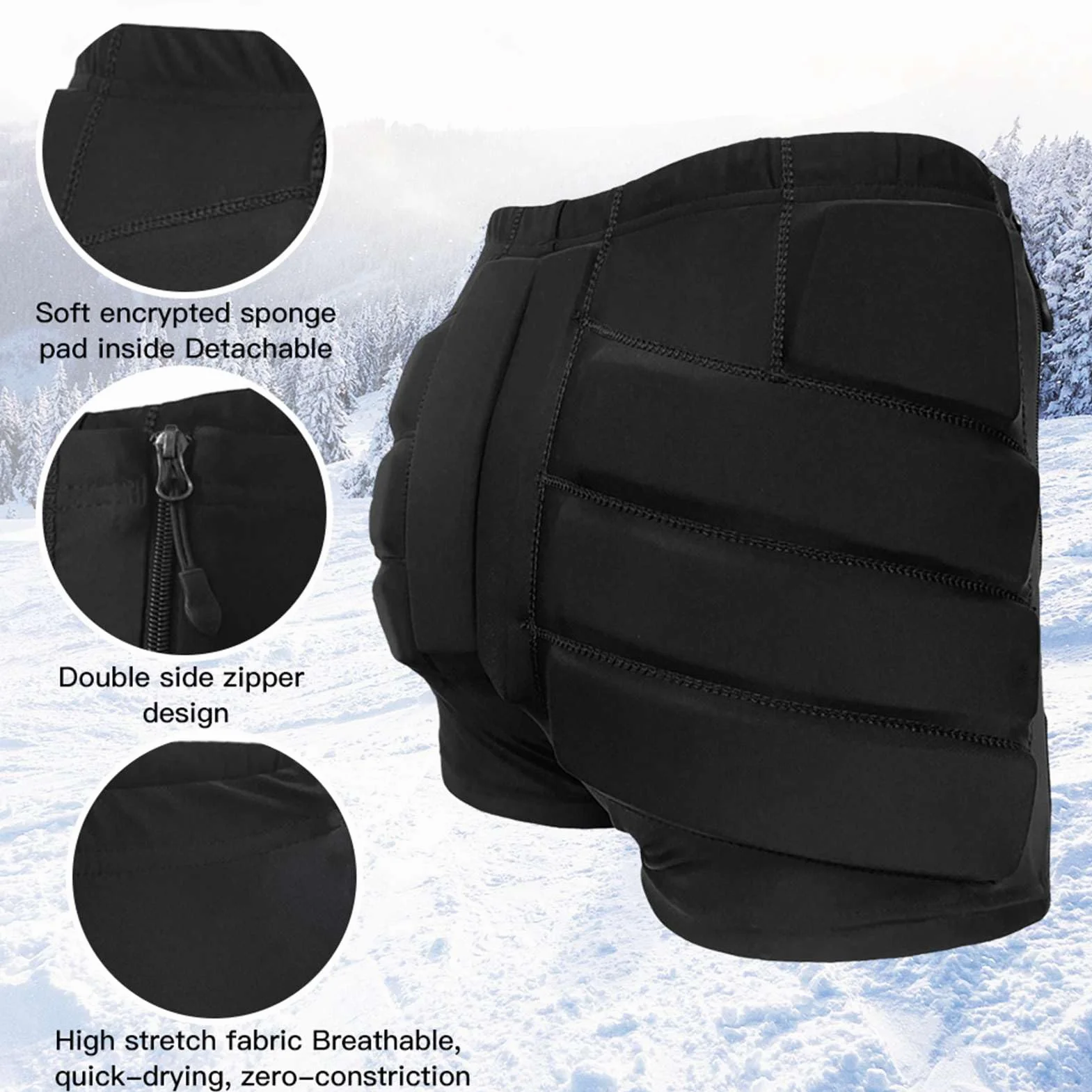 Pantalones Cortos Acolchados, Pantalones Cortos Protectores para Cadera, Glúteos y Coxis, Almohadillas para Snowboard, Patinaje y Esquí, Desmontables, Transpirables, Livianos