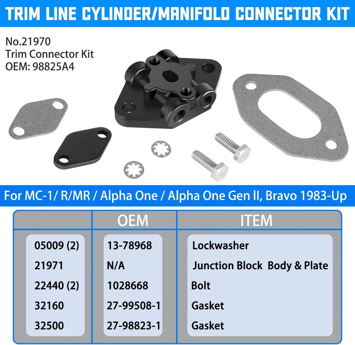 Trim Line 21970 - Juego de conexiones de cilindro y distribución para Mercruiser Alpha y Bravo (repuesto para 98825A4 8M0080805 8M0137703)