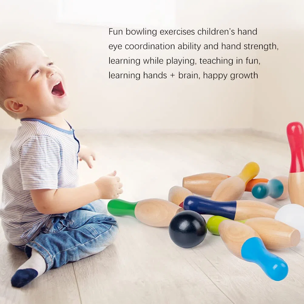 Juego de Bolos de Madera para Niños y Adultos, para Interiores y Exteriores, con 10 Bolos 3 Bolas, Juego de Patio de de Madera Portátil para el Desarrollo de Habilidades Motoras Entrenamiento