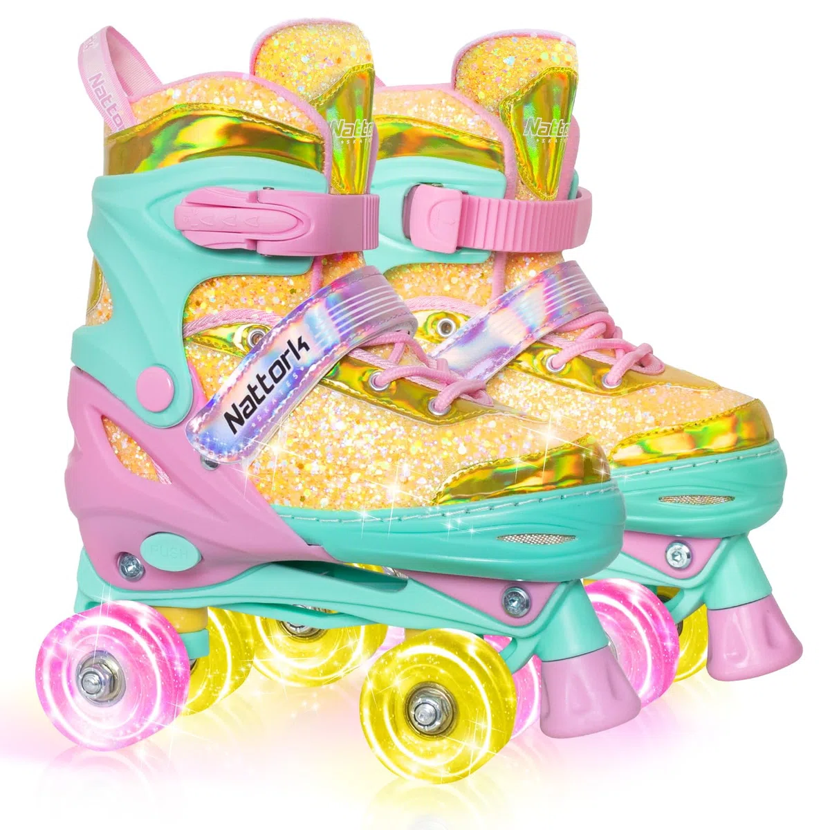 Nattork Patines de ruedas para niñas y niños, 4 tamaños ajustables, patines para niñas de 3 a 12 años con ruedas iluminadas y protección de seguridad, regalo de cumpleaños genial para deportes en