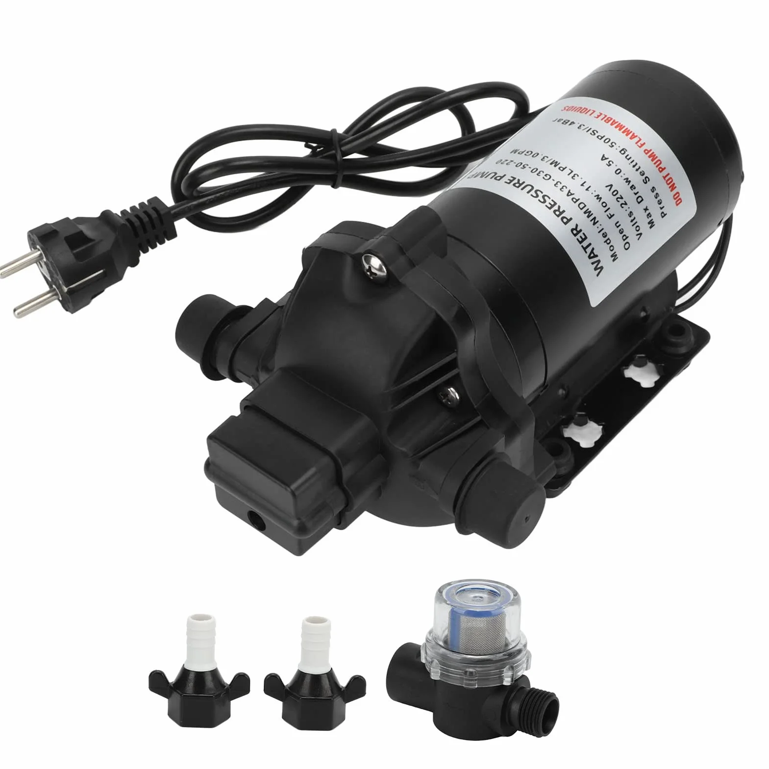 Bomba de Presión de Agua de 220V, 11,3 LPM, 50PSI, Bomba de Diafragma de Presión de Agua Autocebante, Reemplazo para Coche, Caravana, Yate, Barco Marino