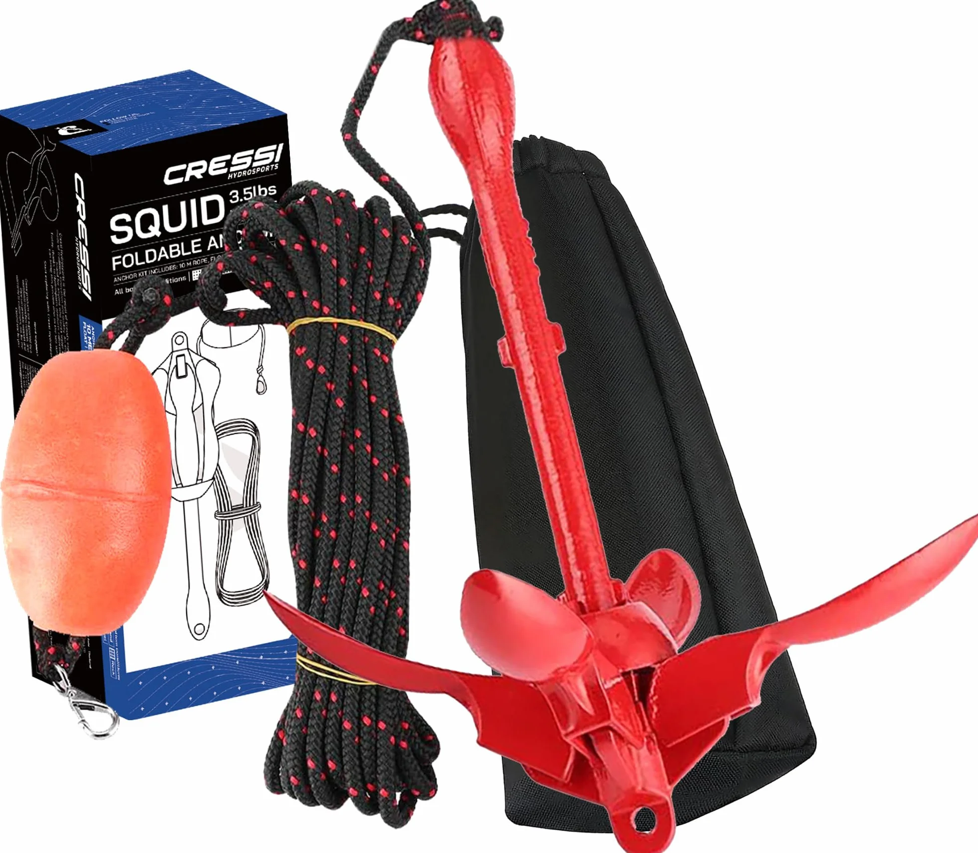 Cressi Squid Foldable Anchor Set Ancla para Sup y Kayak de Acero de Carbono de 1,6 kg, Unisex Adulto, Rojo, 1500 gr