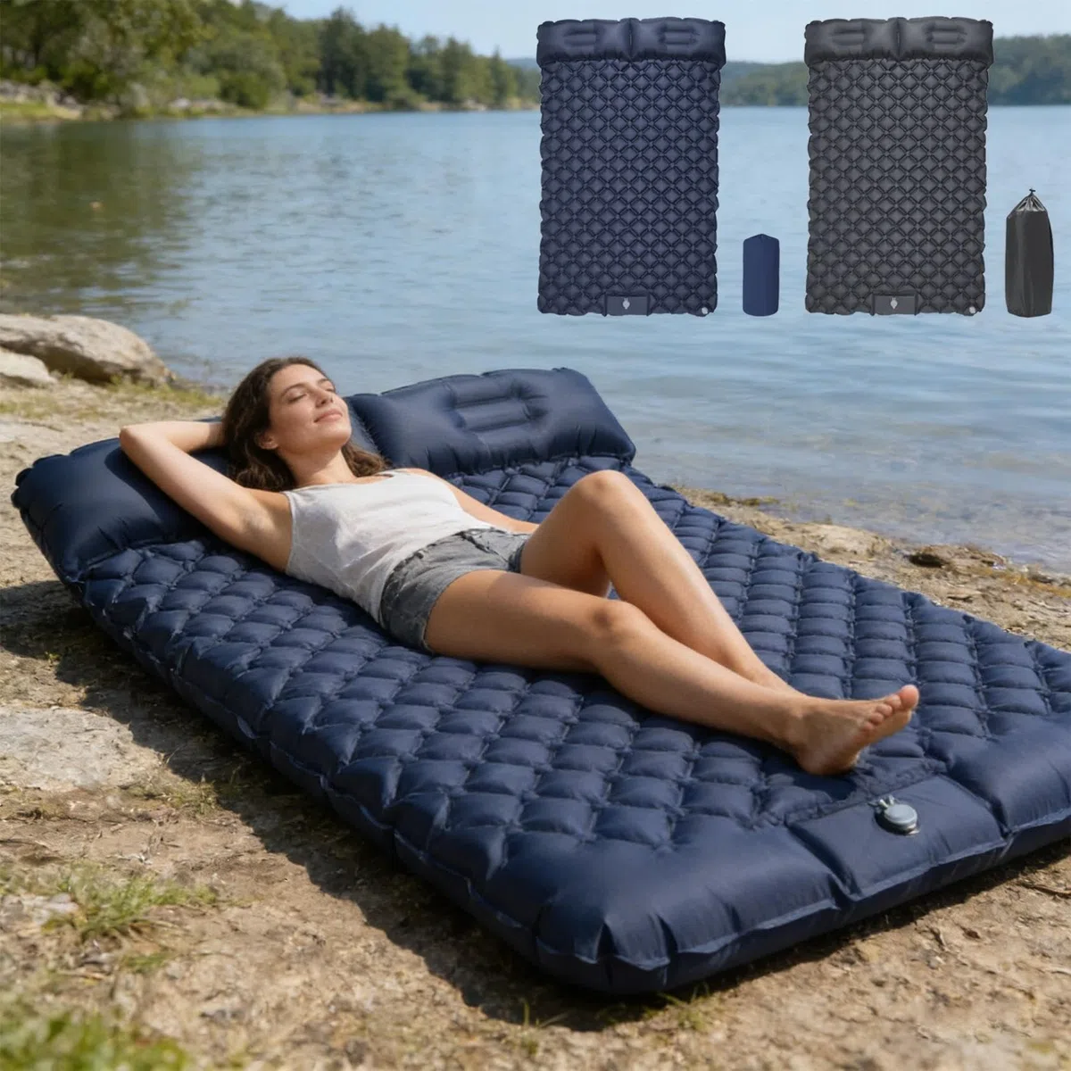Colchón de Camping para 2 Personas – 180 x 120 x 14 cm – Plegable Ultraligero Alfombra de Suelo de Camping ampliada y Espesada – Neumático con Bomba de Aire de Pedal – Ideal para Tienda de Acampada