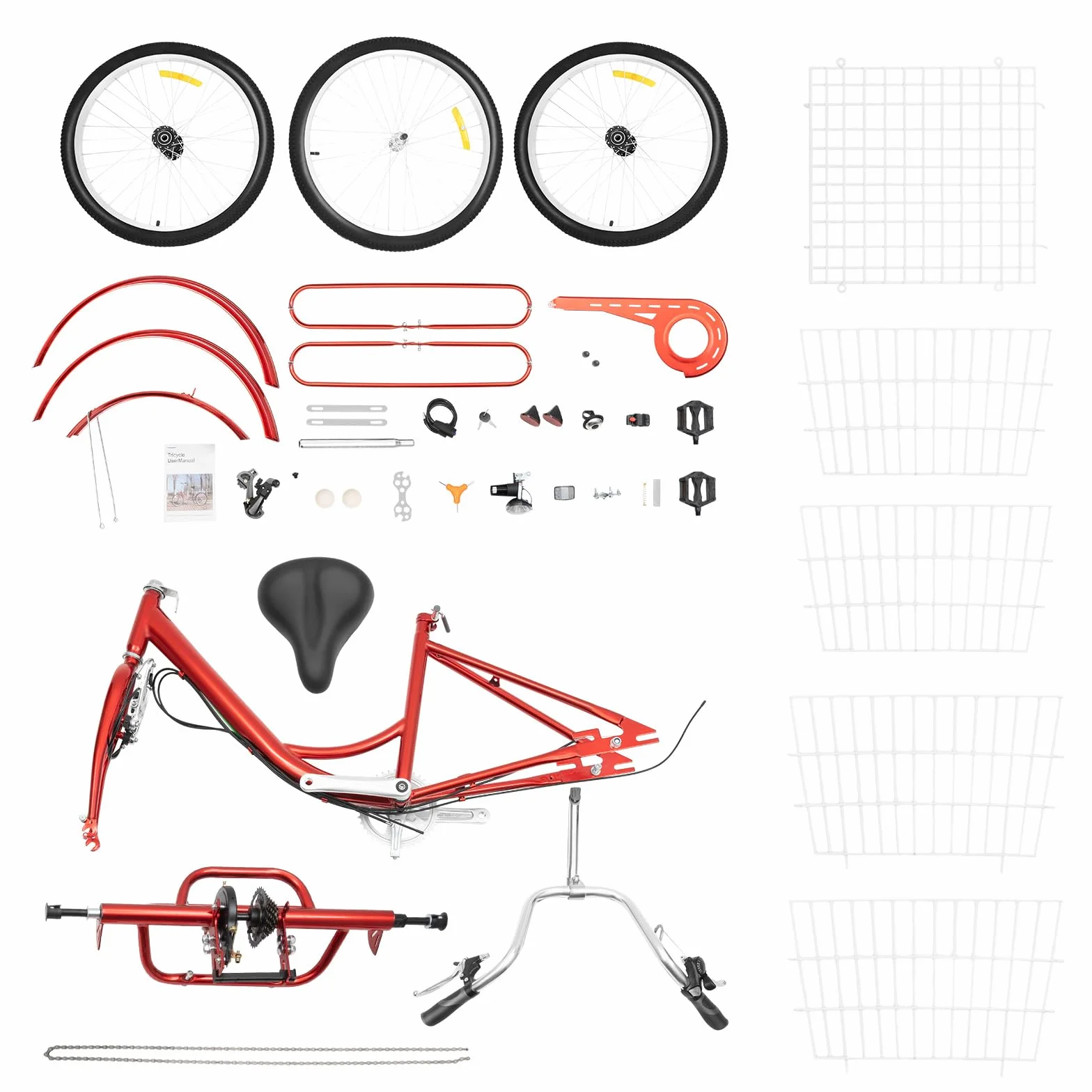 Triciclo rojo para adultos, bicicleta de 3 ruedas de 24 pulgadas con cesta de la compra y luz, 6 velocidades bicicleta de carga para personas mayores Triciclos de altura ajustable de tres