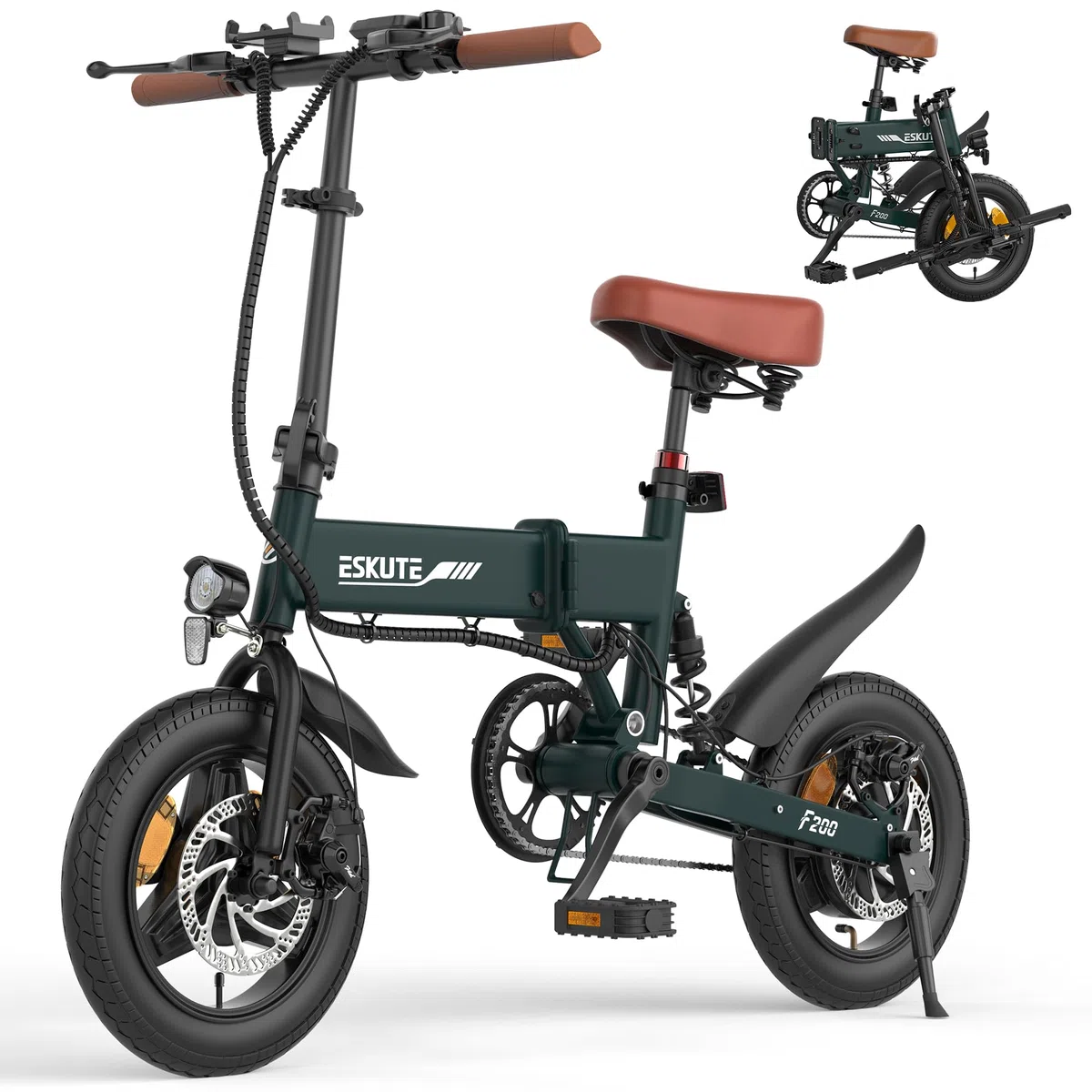 ESKUTE F200 Bicicleta Eléctrica Plegable de 14"x2.125", Ebike Urbana de 36V 7.8Ah con Pantalla LCD, Velocidad Máx de 25km/h, Asiento Ergonómico, Autonomía de hasta 50KM, Bici Electrica para Adultos