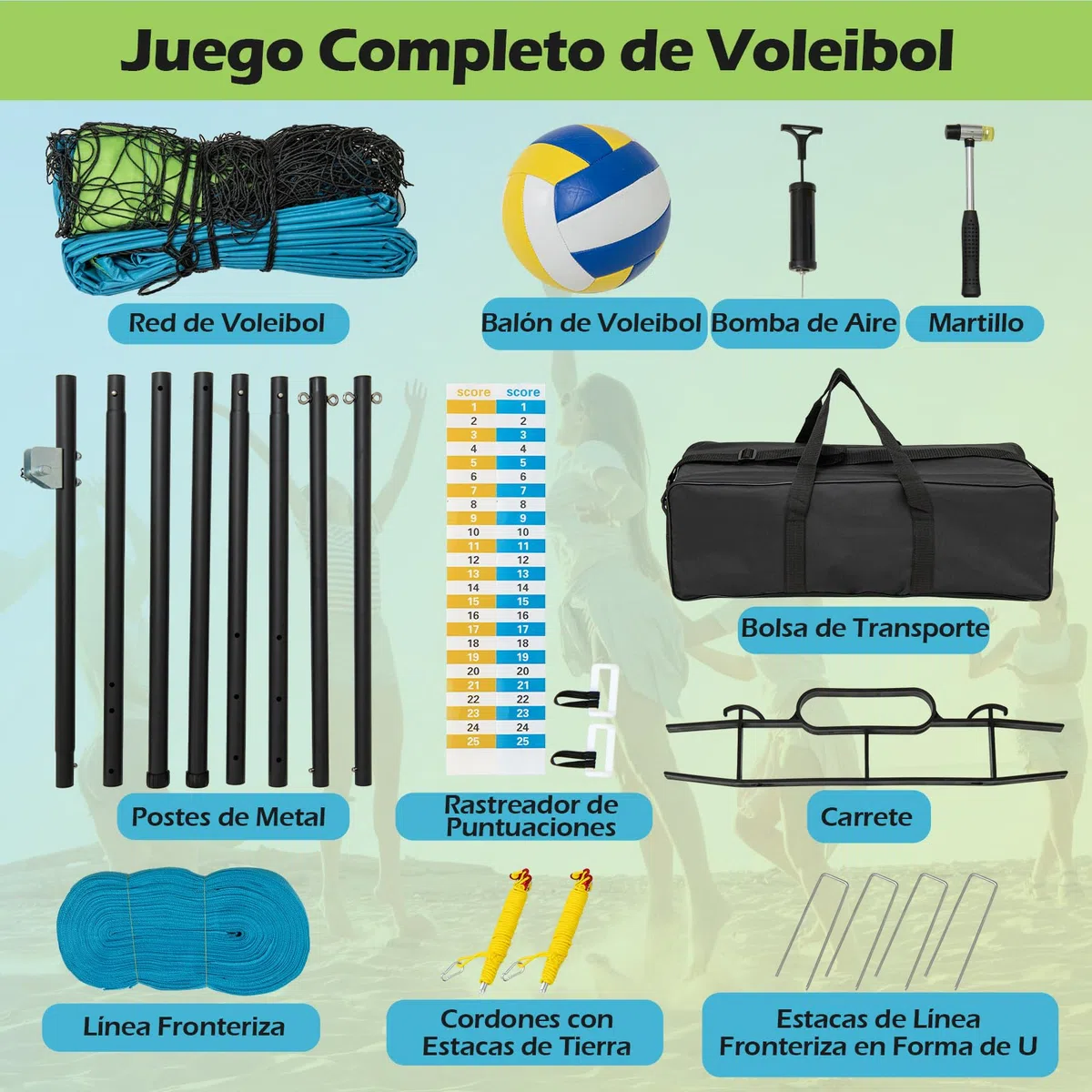 GOPLUS Red de Voleibol Ajustable en Altura, Kit Completo de Voleibol con Postes Metálicos, Balón, Bolsa de Transporte, Red de Vóleibol Profesional para Playa, 9,75 m x 0,9 m