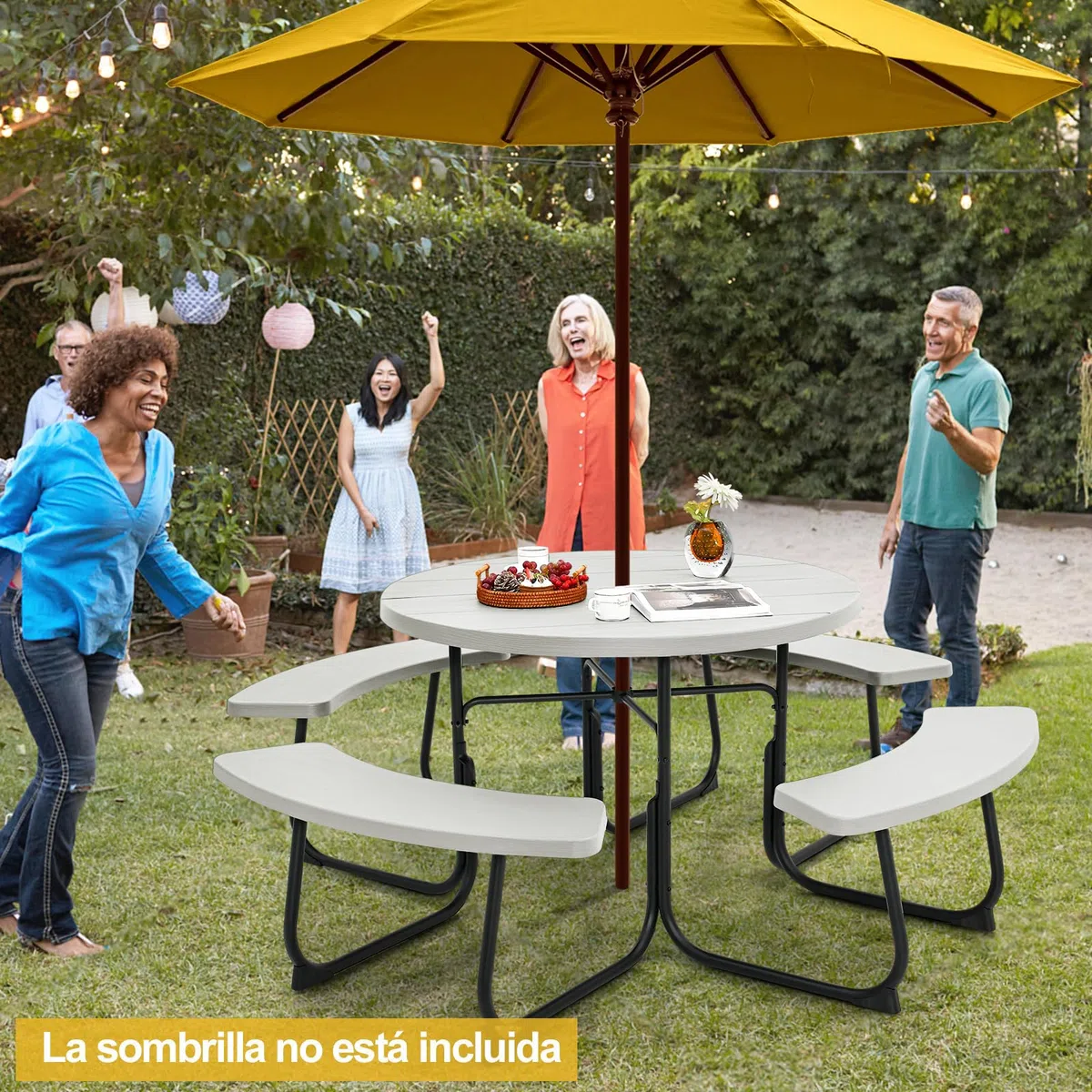COSTWAY Conjunto de Mesa de Camping con Banco, 8 Personas, Mesa Camping Redonda con 4 Bancos,HDPE, Orificio para Sombrilla, Mesa y Sillas Jardin Patio Terraza (Blanco)