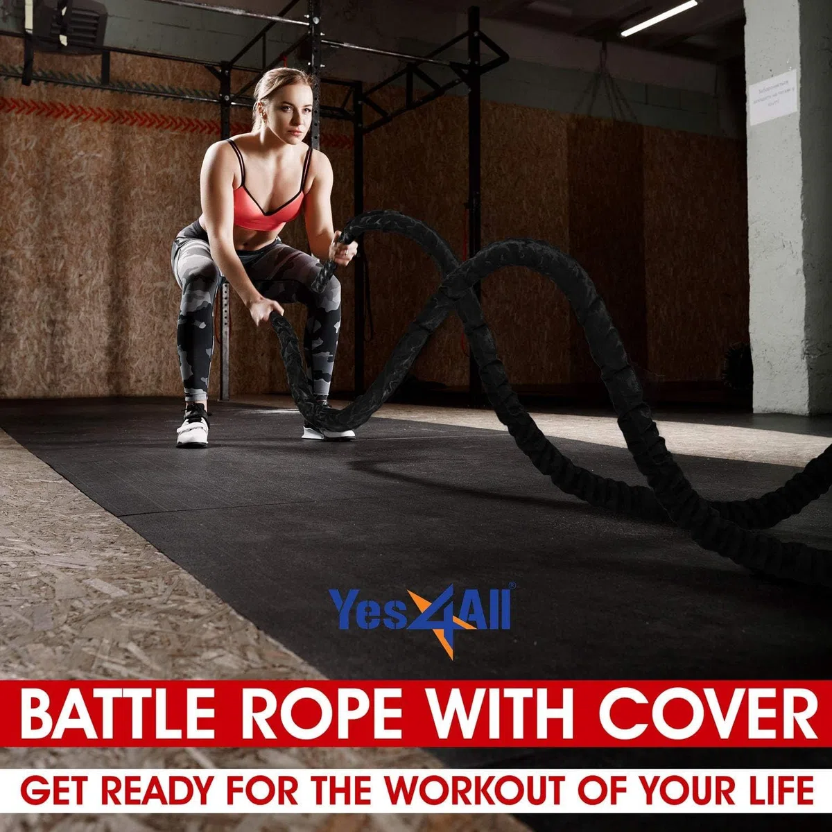 Yes4All Cuerda de combate, cuerda de entrenamiento para ejercicios de combate con funda protectora - anclaje de acero y correa incluidos, 38mm/50mm de diámetro Poly Dacron 9m/12m/15m de longitud
