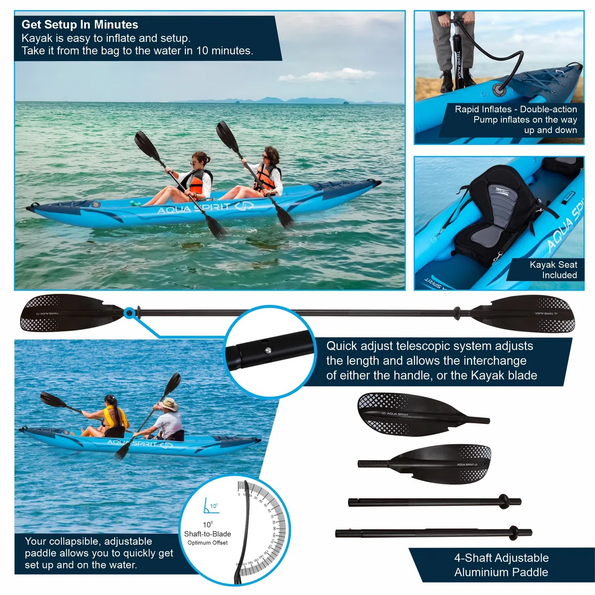 Aqua Spirit Tabla inflable de kayak | 10'12.7 cm/13'12.7 cm | Kit completo de kayak para 1 o 2 personas con remo, mochila, bomba de doble acción y más accesorios | Adultos principiantes/expertos