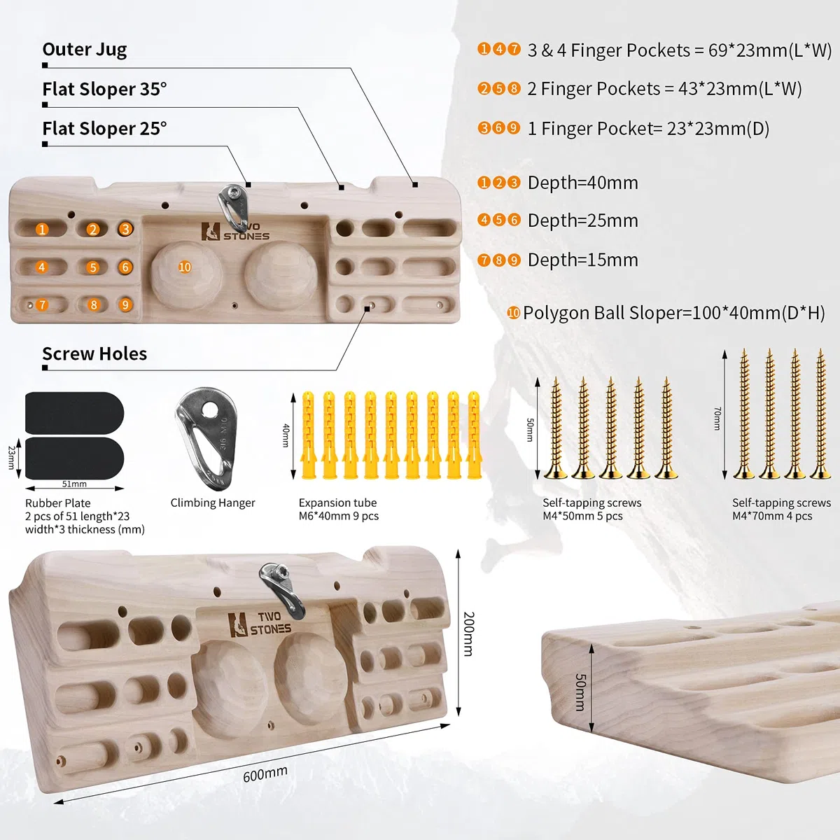 Two Stones Tabla de Entrenamiento para Escalada con Soporte para Marco de Puerta | Tabla de Entrenamiento de Escalada en Roca | Tabla Colgante para Escalada | Presas de Escalada en Roca | Regalos de