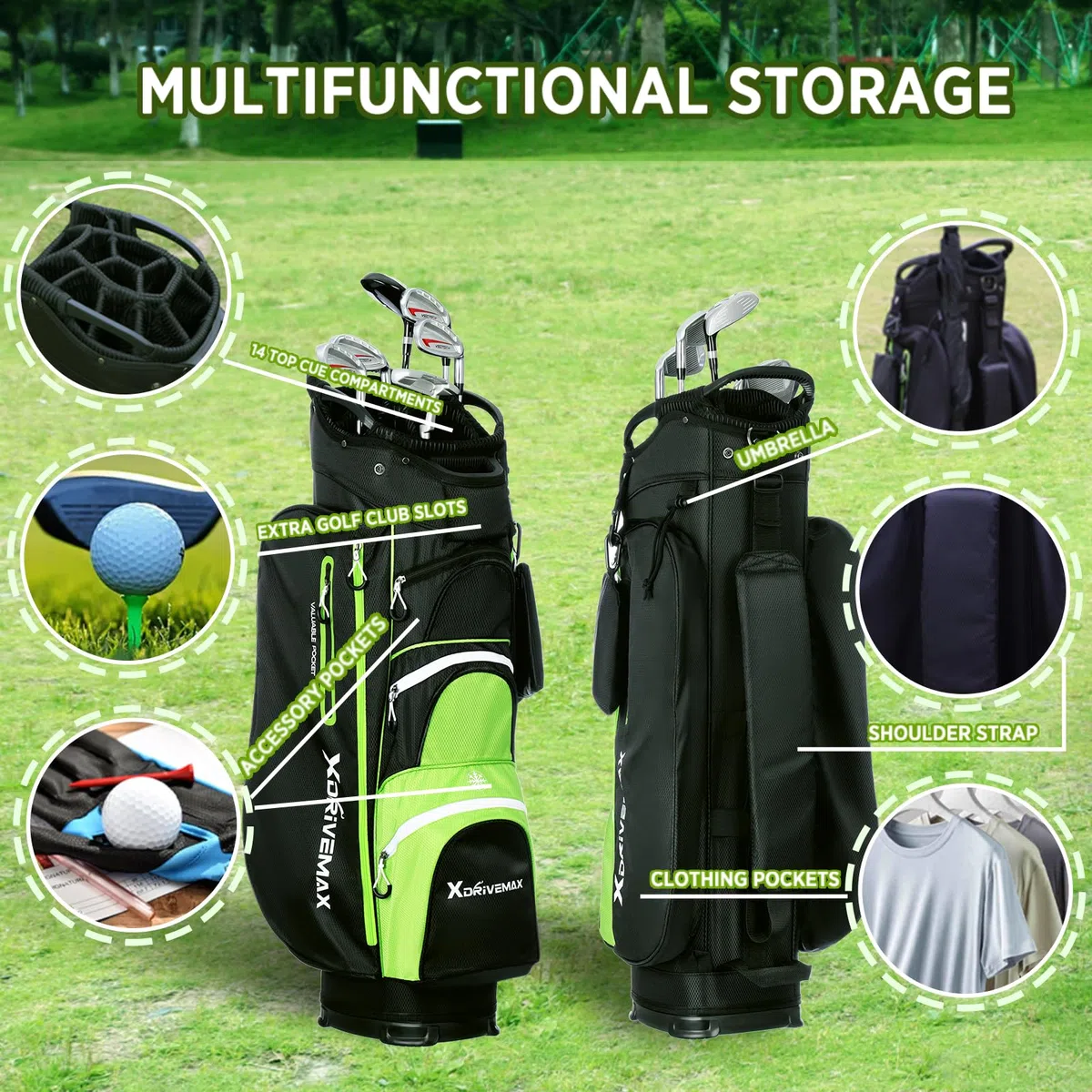 XDriveMax Bolsa de Carrito de Golf, 15 Divisiones para Hombres y Mujeres, Premium con Cubierta para Lluvia, Enfriador y Kit de Accesorios