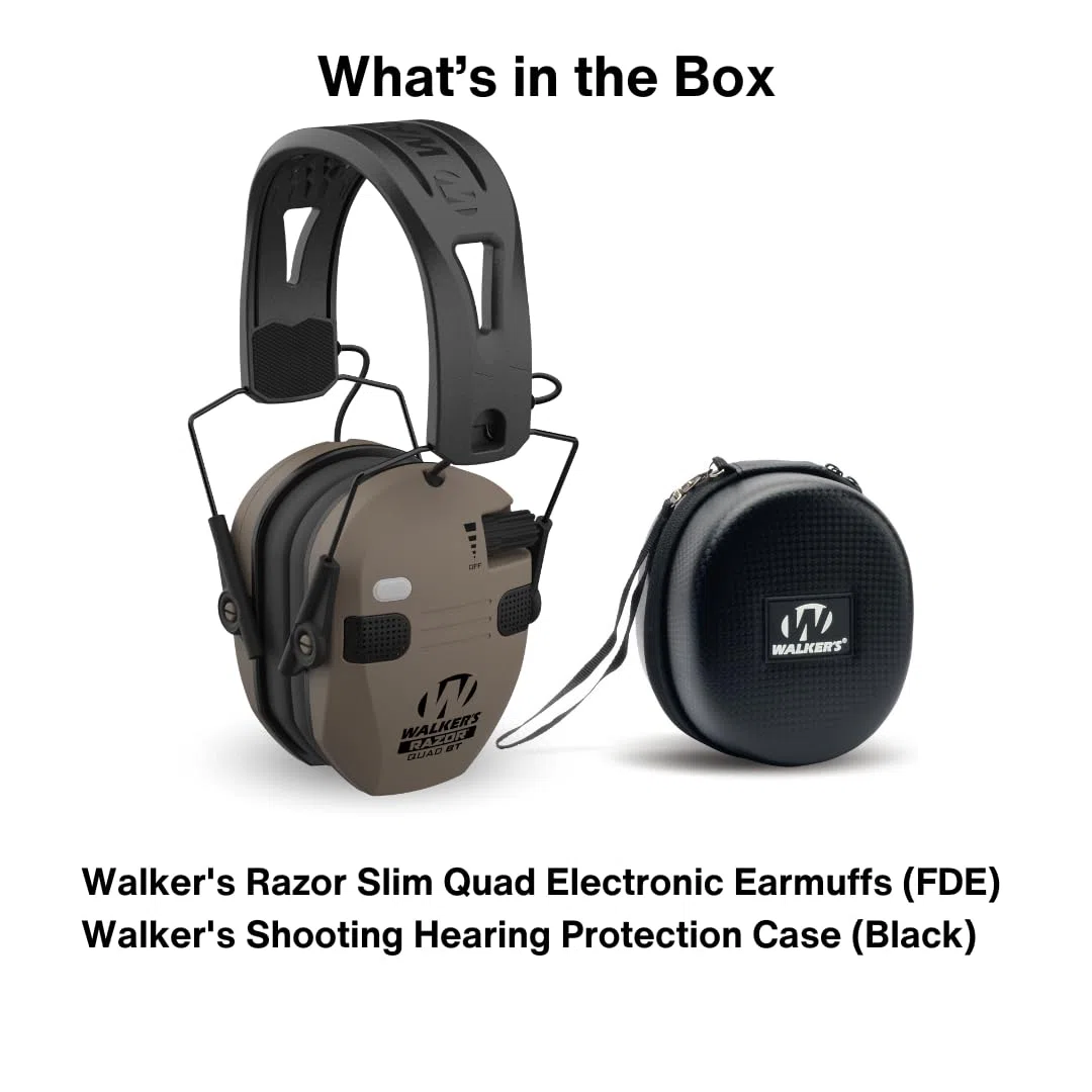 Walker's Razor Slim Quad - Orejeras electrónicas con tecnología Bluetooth, paquete de protección auditiva para disparos