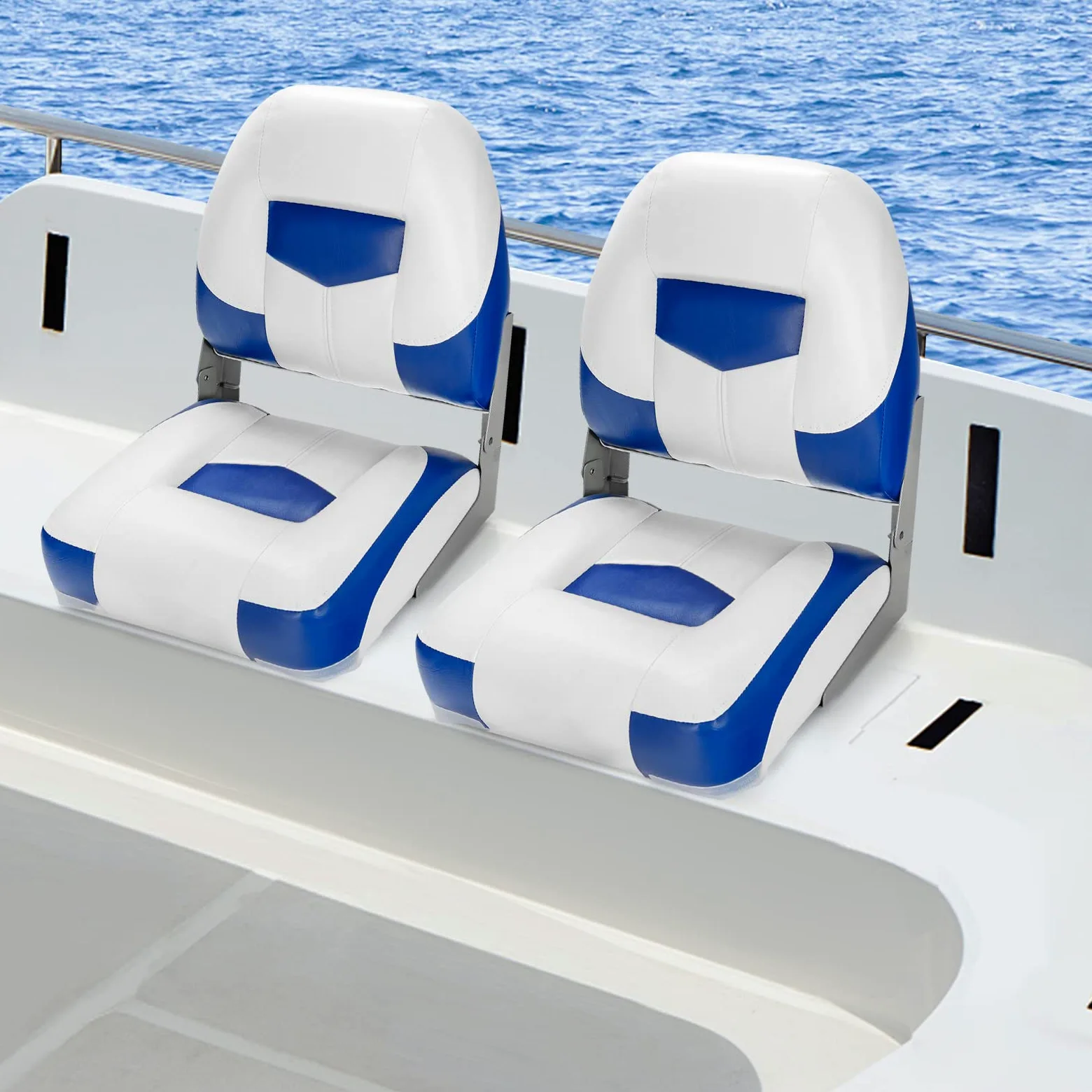 GOPLUS Juego de 2 Asientos de Barco, Silla Plegable para Barco Impermeable, Asiento Yate Ergonómico con Correas y Tornillos de Fijación, 42 x 50 x 52 cm, para Pescar, Pilotaje, Barco de Pesca (Azul)