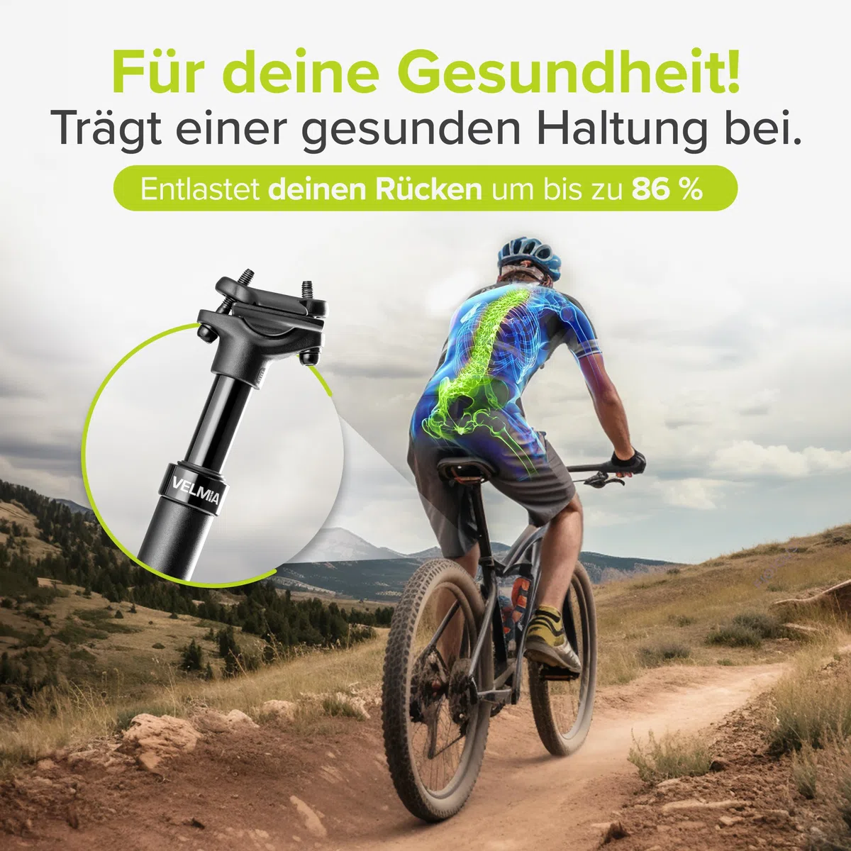 Tija de sillín con suspensión VELMIA 27,2-31,6mm - Aluminio - Negro - Para todo tipo de bicicletas - Alivio para la columna vertebral, montaje fácil