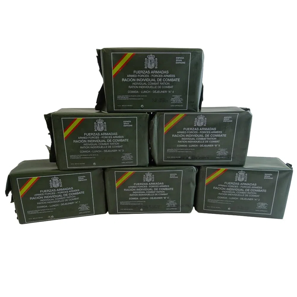 Menú B1 original del ejército español MRE Army EPA Field Ration (sopa de verduras/salsa de tomate con salchicha/calamar enlatado/melocotones en almíbar/lata de patés)