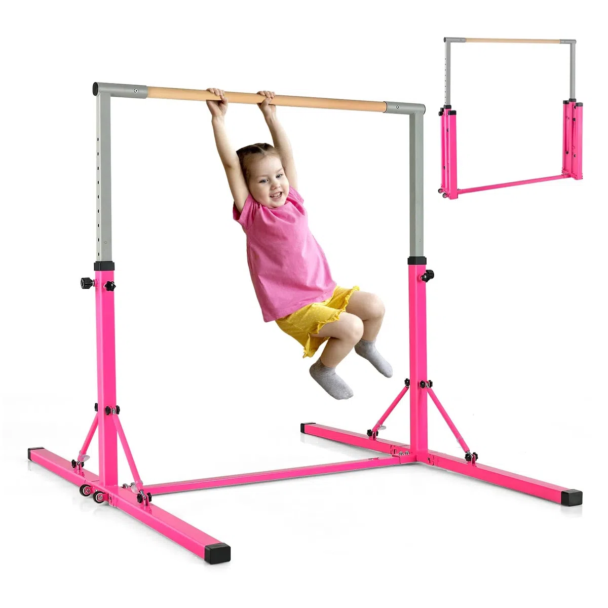 KOMFOTTEU Barra de Gimnasia para Niños, Barra Horizontal con Altura Ajustable de 13 Niveles, Barra de Entrenamiento de Metal y Madera, Equipo de Gimnasia con Carga de 100 kg