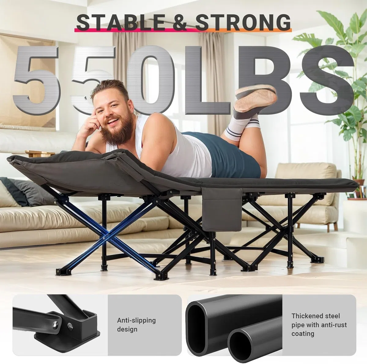 OVERMONT Cama de Camp Plegable con Colchón - Cama de Camp Plegable 190 x 70 x 40 cm - Soporta hasta 250 kg - Tela Oxford con Bolsillo Lateral - Bolsa de Transporte para Camping Jardín Oficina - Negro
